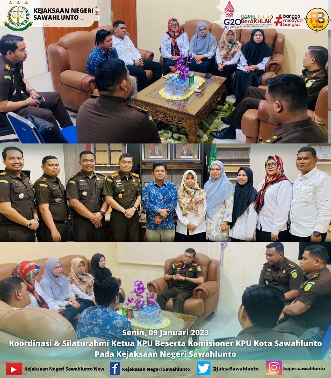 Senin, 09 Januari 2023Koordinasi & Silaturahmi Ketua KPU Beserta Komisioner KPU Kota Sawahlunto Pada Kejaksaan Negeri Sawahlunto.____Update informasi anda tentang Kejaksaan Negeri Sawahlunto terbaru di official account Instagram,Facebook dan Youtube kami !!..____FACEBOOK : Kejaksaan Negeri SawahluntoYOUTUBE : Kejakaaan Negeri Sawahlunto NewTWITTER : @JaksaSawahlunto..________#KejaksaanRI#kejatisumbarnew@kejatisumbarnew#kejarisawahlunto - from Instagram