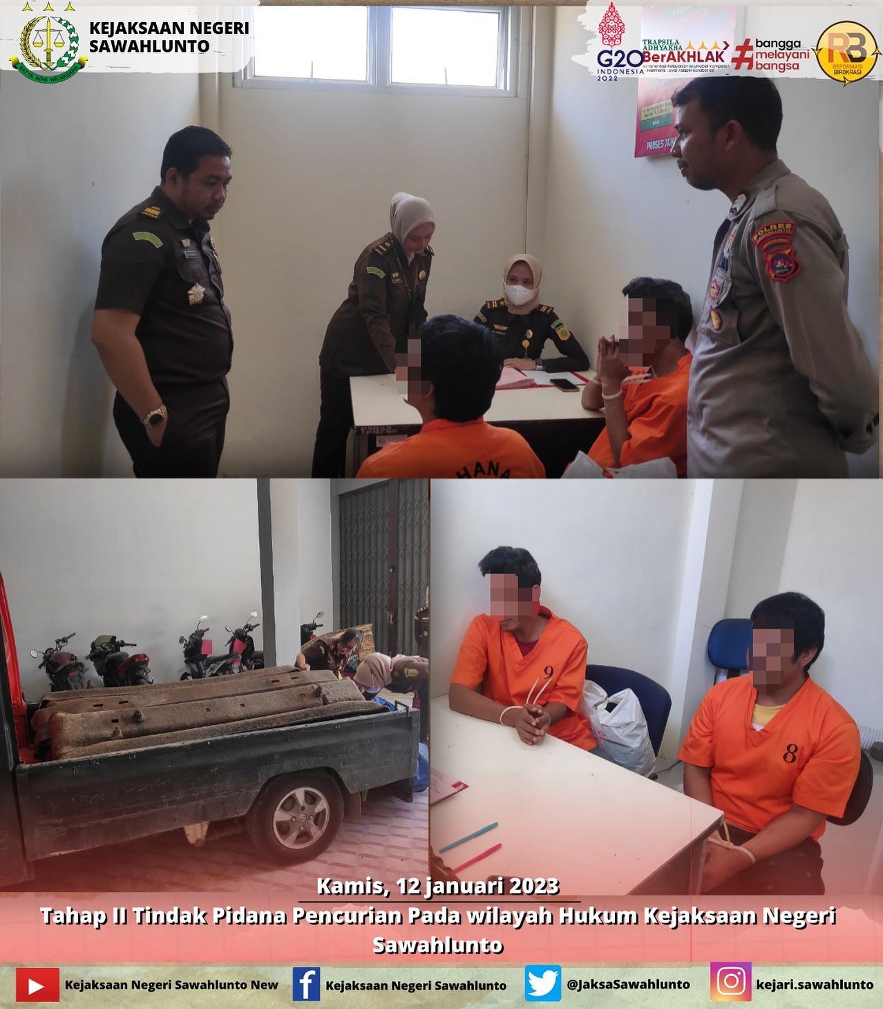 Kamis, 12 Januari 2023Tahap II Perkara Pemcurian Pada Wilayah Hukum Kejaksaan Negeri Sawahlunto oleh Jaksa Penuntut Umum____Update informasi anda tentang Kejaksaan Negeri Sawahlunto terbaru di official account Instagram,Facebook dan Youtube kami !!..____FACEBOOK : Kejaksaan Negeri SawahluntoYOUTUBE : Kejakaaan Negeri Sawahlunto NewTWITTER : @JaksaSawahlunto..________#KejaksaanRI#kejatisumbarnew@kejatisumbarnew#kejarisawahlunto - from Instagram