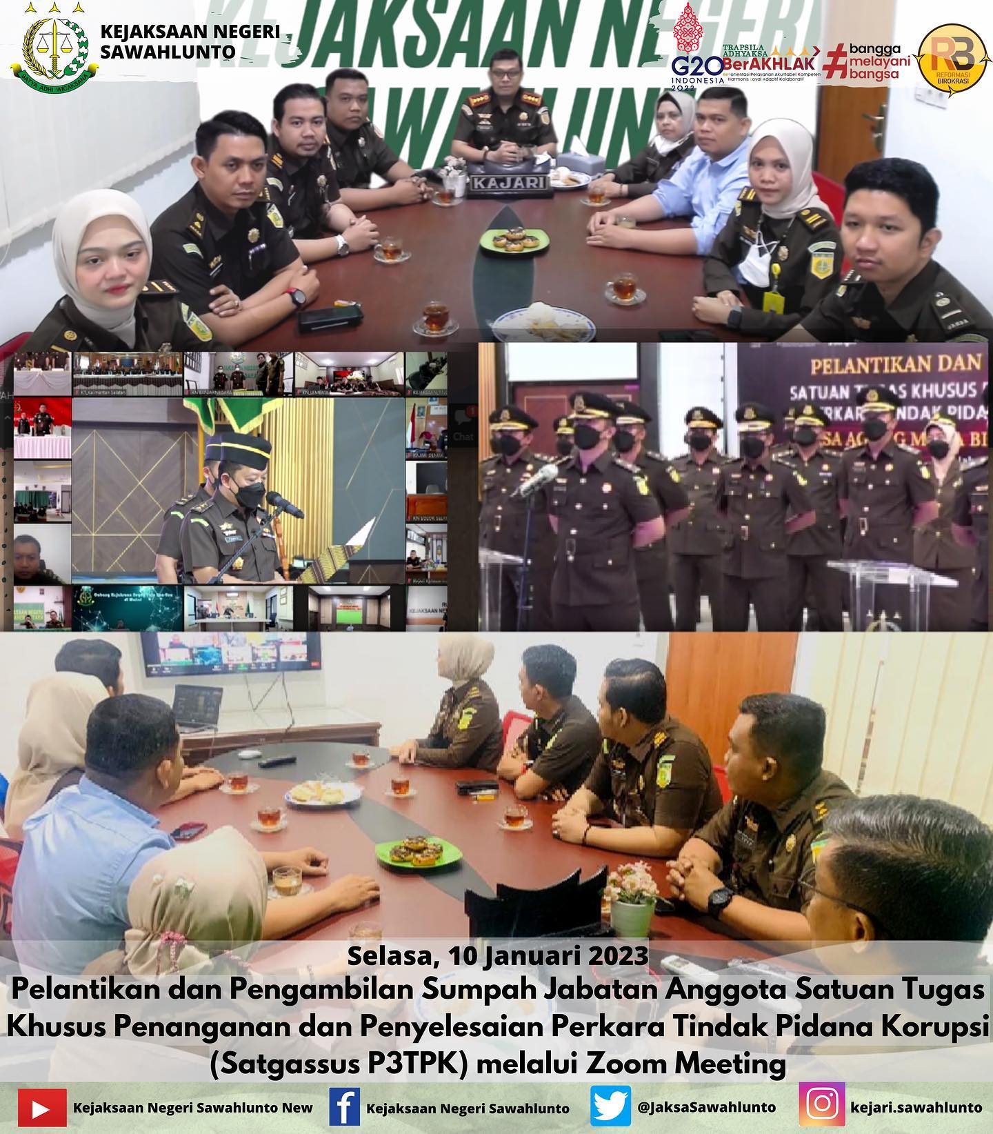 Selasa, 10 Januari 2023Pelantikan dan Pengambilan Sumpah Jabatan Anggota Satuan Tugas Khusus Penanganan dan Penyelesaian Perkara Tindak Pidana Korupsi (Satgassus P3TPK) melalui Zoom Meeting.____Update informasi anda tentang Kejaksaan Negeri Sawahlunto terbaru di official account Instagram,Facebook dan Youtube kami !!..____FACEBOOK : Kejaksaan Negeri SawahluntoYOUTUBE : Kejakaaan Negeri Sawahlunto NewTWITTER : @JaksaSawahlunto..________#KejaksaanRI#kejatisumbarnew@kejatisumbarnew#kejarisawahlunto - from Instagram