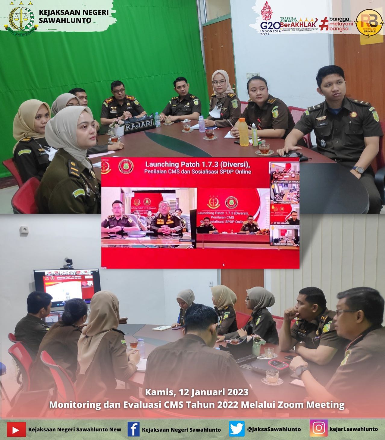 Kamis, 12 Januari 2023Kepala Kejaksaan Negeri Sawahlunto Bapak Dr. Abdul Mubin,S.T.,S.H.,M.H beserta Staff Kejaksaan Negeri Sawahlunto mengikuti monitoring dan evaluasi CMS Tahun 2022 melalui zoom meeting.____Update informasi anda tentang Kejaksaan Negeri Sawahlunto terbaru di official account Instagram,Facebook dan Youtube kami !!..____FACEBOOK : Kejaksaan Negeri SawahluntoYOUTUBE : Kejakaaan Negeri Sawahlunto NewTWITTER : @JaksaSawahlunto..________#KejaksaanRI#kejatisumbarnew@kejatisumbarnew#kejarisawahlunto - from Instagram