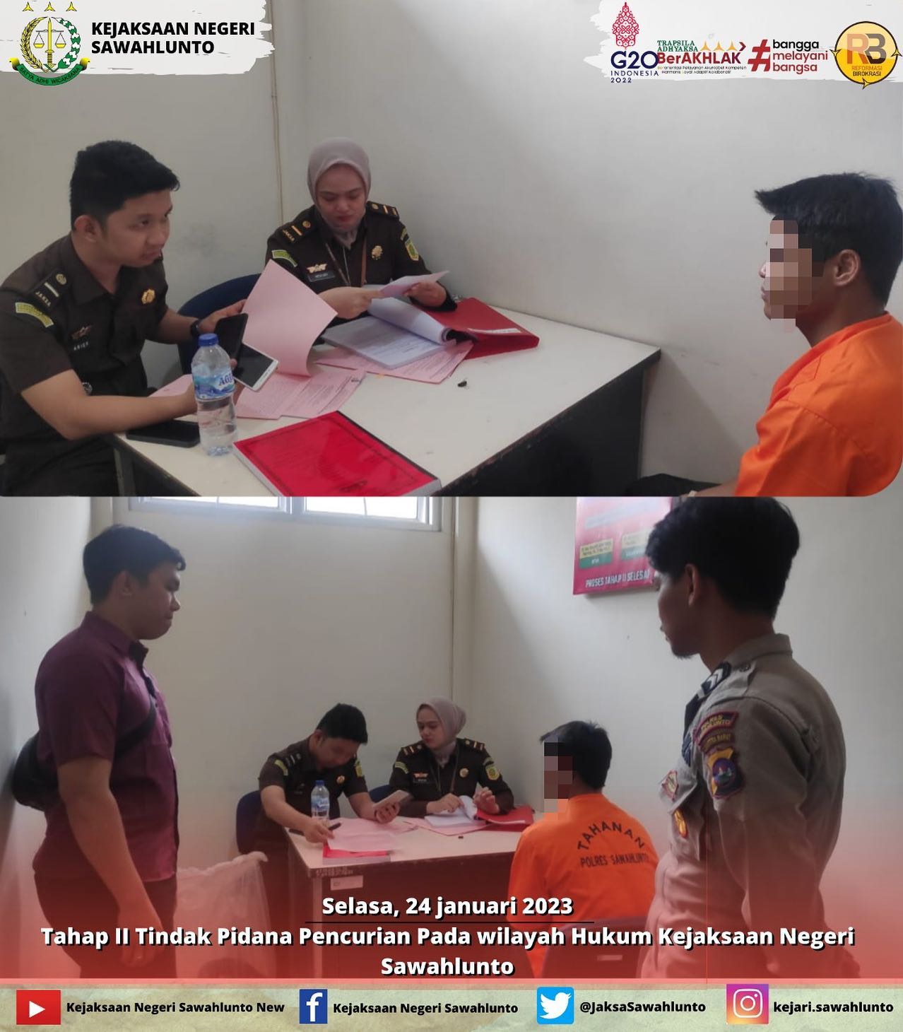 Selasa, 24 Januari 2023Tahap II Perkara Pemcurian Pada Wilayah Hukum Kejaksaan Negeri Sawahlunto oleh Jaksa Penuntut Umum____Update informasi anda tentang Kejaksaan Negeri Sawahlunto terbaru di official account Instagram,Facebook dan Youtube kami !!..____FACEBOOK : Kejaksaan Negeri SawahluntoYOUTUBE : Kejakaaan Negeri Sawahlunto NewTWITTER : @JaksaSawahlunto..________#KejaksaanRI#kejatisumbarnew@kejatisumbarnew#kejarisawahlunto - from Instagram