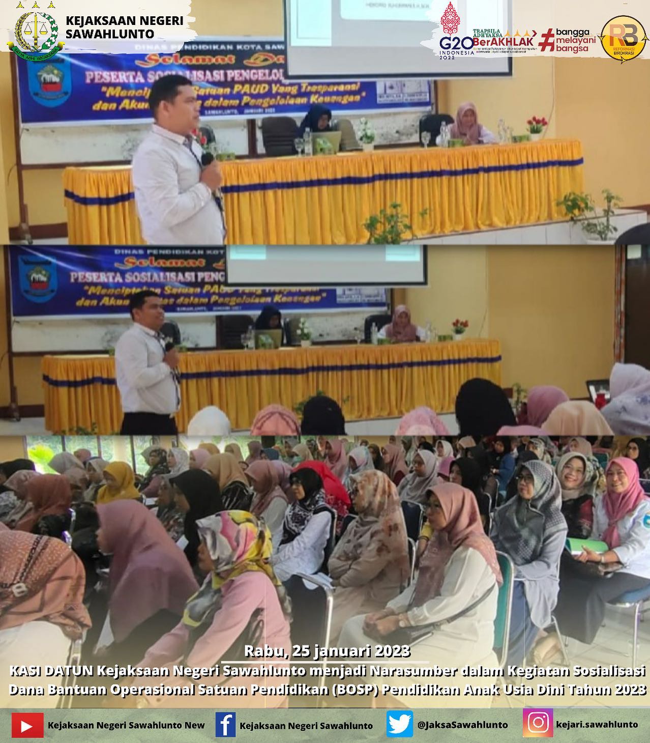 Rabu, 25 januari 2023Kepala Seksi Perdata dan Tata Usaha Negara Kejaksaan Negeri Sawahlunto menjadi Narasumber dalam Kegiatan Sosialisasi Dana Bantuan Operasional Satuan Pendidikan (BOSP) Pendidikan Anak Usia Dini Tahun 2023.____Update informasi anda tentang Kejaksaan Negeri Sawahlunto terbaru di official account Instagram,Facebook dan Youtube kami !!..____FACEBOOK : Kejaksaan Negeri SawahluntoYOUTUBE : Kejakaaan Negeri Sawahlunto NewTWITTER : @JaksaSawahlunto..________#KejaksaanRI#kejatisumbarnew@kejatisumbarnew#kejarisawahlunto - from Instagram