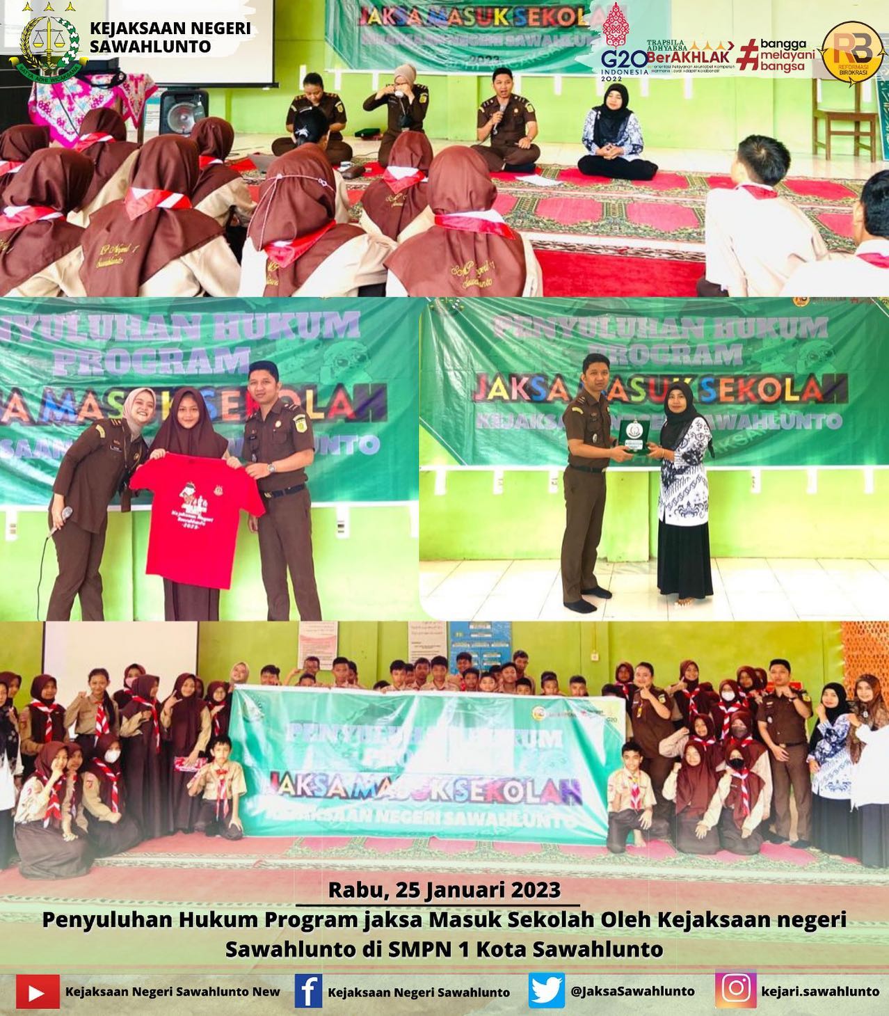 Rabu, 25 Januari 2023 Kasubsi A Arief Hidayat, S.H dan Jaksa Fungsional Mentary Meidiana, S.H melakukan Kegiatan Penyuluhan Hukum Program jaksa Masuk Sekolah Oleh Kejaksaan negeri Sawahlunto di SMPN 1 Kota Sawahlunto.____Update informasi anda tentang Kejaksaan Negeri Sawahlunto terbaru di official account Instagram,Facebook dan Youtube kami !!..____FACEBOOK : Kejaksaan Negeri SawahluntoYOUTUBE : Kejakaaan Negeri Sawahlunto NewTWITTER : @JaksaSawahlunto..________#KejaksaanRI#kejatisumbarnew@kejatisumbarnew#kejarisawahlunto - from Instagram