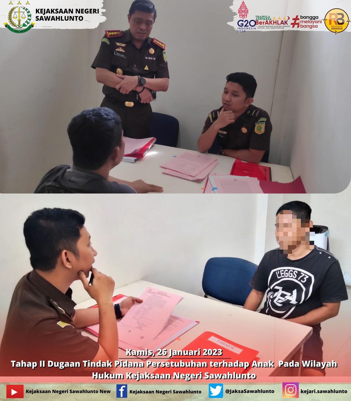 Kamis, 26 Januari 2023Tahap II Dugaan Tindak Pidana Persetubuhan Terhadap Anak Pada Wilayah Hukum Kejaksaan Negeri Sawahlunto Oleh Jaksa Penuntut Umum____Update informasi anda tentang Kejaksaan Negeri Sawahlunto terbaru di official account Instagram,Facebook dan Youtube kami !!..____FACEBOOK : Kejaksaan Negeri SawahluntoYOUTUBE : Kejakaaan Negeri Sawahlunto NewTWITTER : @JaksaSawahlunto..________#KejaksaanRI#kejatisumbarnew@kejatisumbarnew#kejarisawahlunto - from Instagram