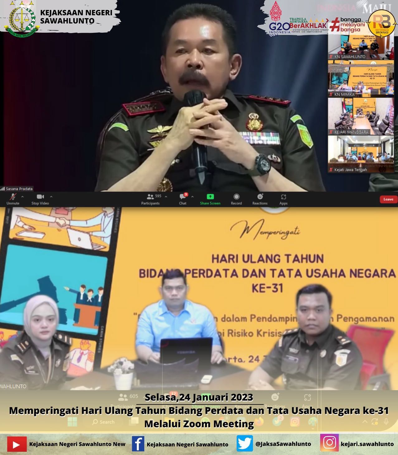 Selasa,24 Januari 2023Memperingati Hari Ulang Tahun Bidang Perdata dan Tata Usaha Negara ke-31 Melalui Zoom Meeting____Update informasi anda tentang Kejaksaan Negeri Sawahlunto terbaru di official account Instagram,Facebook dan Youtube kami !!..____FACEBOOK : Kejaksaan Negeri SawahluntoYOUTUBE : Kejakaaan Negeri Sawahlunto NewTWITTER : @JaksaSawahlunto..________#KejaksaanRI#kejatisumbarnew@kejatisumbarnew#kejarisawahlunto - from Instagram