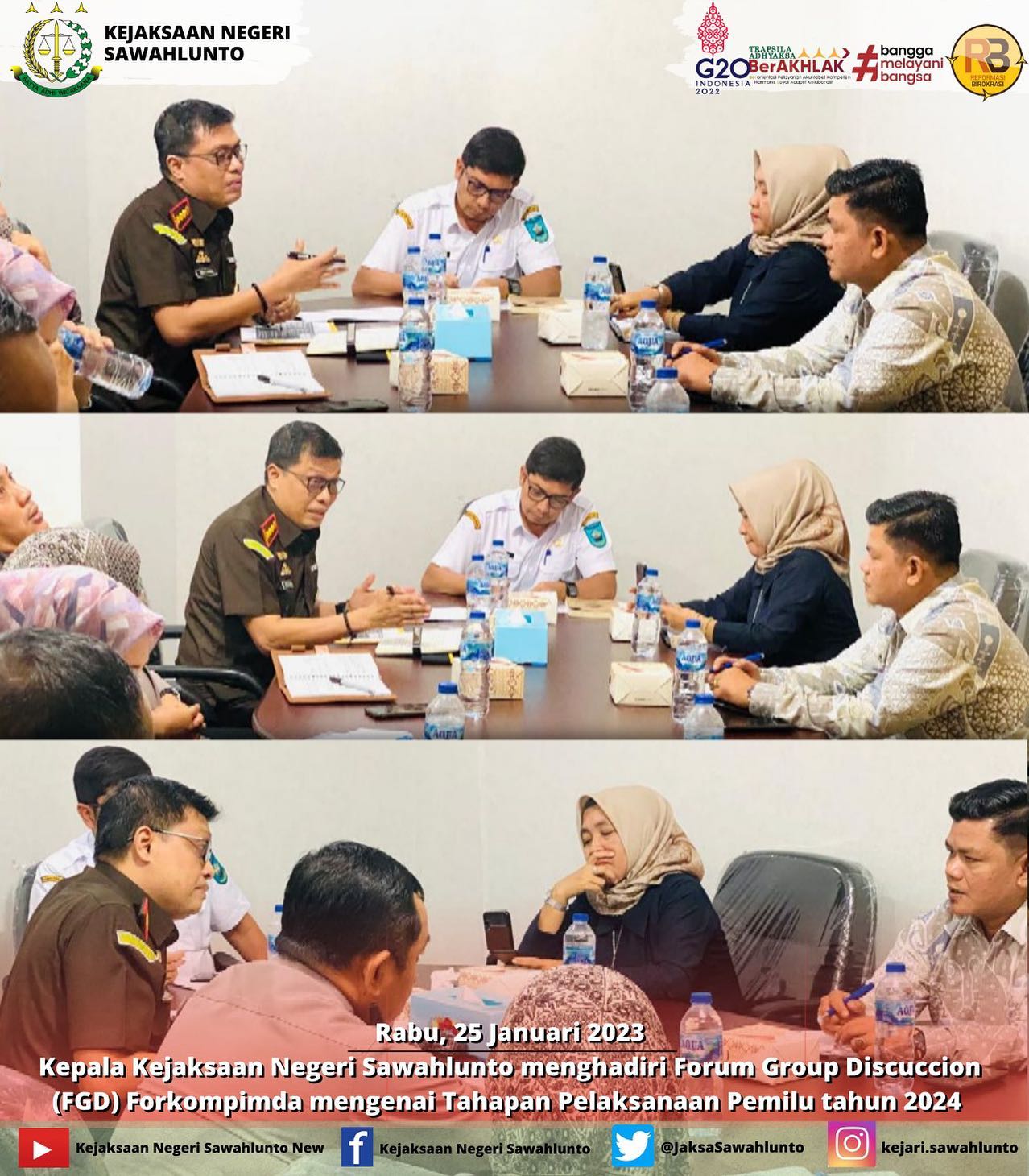 Rabu, 25 Januari 2023Kepala Kejaksaan Negeri Sawahlunto Bapak Dr. Abdul Mubin,S.T.,S.H.,M.H menghadiri Forum Group Discuccion (FGD) Forkompimda mengenai Tahapan Pelaksanaan Pemilu tahun 2024____Update informasi anda tentang Kejaksaan Negeri Sawahlunto terbaru di official account Instagram,Facebook dan Youtube kami !!..____FACEBOOK : Kejaksaan Negeri SawahluntoYOUTUBE : Kejakaaan Negeri Sawahlunto NewTWITTER : @JaksaSawahlunto..________#KejaksaanRI#kejatisumbarnew@kejatisumbarnew#kejarisawahlunto - from Instagram