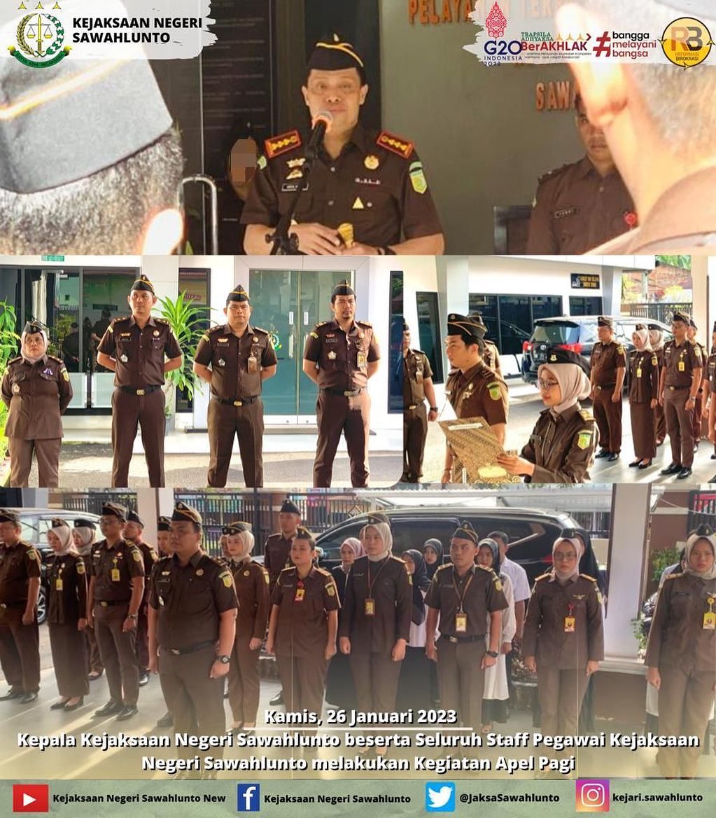 Kamis, 26 Januari 2023Kepala Kejaksaan Negeri Sawahlunto Bapak Dr.Abdul Mubin,S.T.,S.H.,M.H beserta seluruh Staff Pegawai melakukan Kegiatan Apel Pagi di halaman Kantor Kejaksaan Negeri Sawahlunto.____Update informasi anda tentang Kejaksaan Negeri Sawahlunto terbaru di official account Instagram,Facebook dan Youtube kami !!..____FACEBOOK : Kejaksaan Negeri SawahluntoYOUTUBE : Kejakaaan Negeri Sawahlunto NewTWITTER : @JaksaSawahlunto..________#KejaksaanRI#kejatisumbarnew@kejatisumbarnew#kejarisawahlunto - from Instagram
