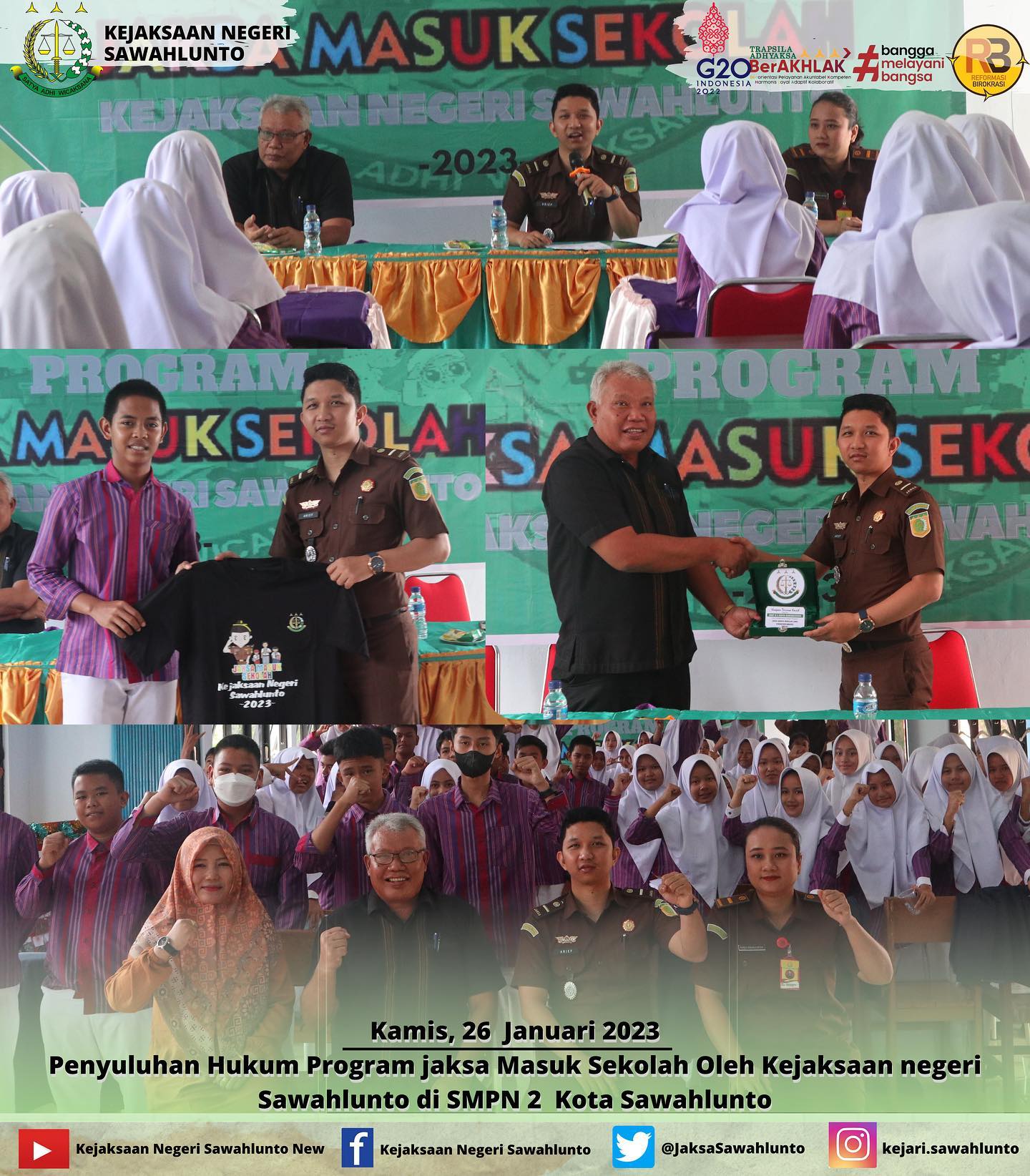 Kamis, 26 Januari 2023 Kasubsi A Arief Hidayat, S.H dan Staff Kejaksaan Negeri Sawahlunto Enida Simanjuntak,S.H melakukan Kegiatan Penyuluhan Hukum Program jaksa Masuk Sekolah Oleh Kejaksaan negeri Sawahlunto di SMPN 2 Kota Sawahlunto.____Update informasi anda tentang Kejaksaan Negeri Sawahlunto terbaru di official account Instagram,Facebook dan Youtube kami !!..____FACEBOOK : Kejaksaan Negeri SawahluntoYOUTUBE : Kejakaaan Negeri Sawahlunto NewTWITTER : @JaksaSawahlunto..________#KejaksaanRI#kejatisumbarnew@kejatisumbarnew#kejarisawahlunto - from Instagram