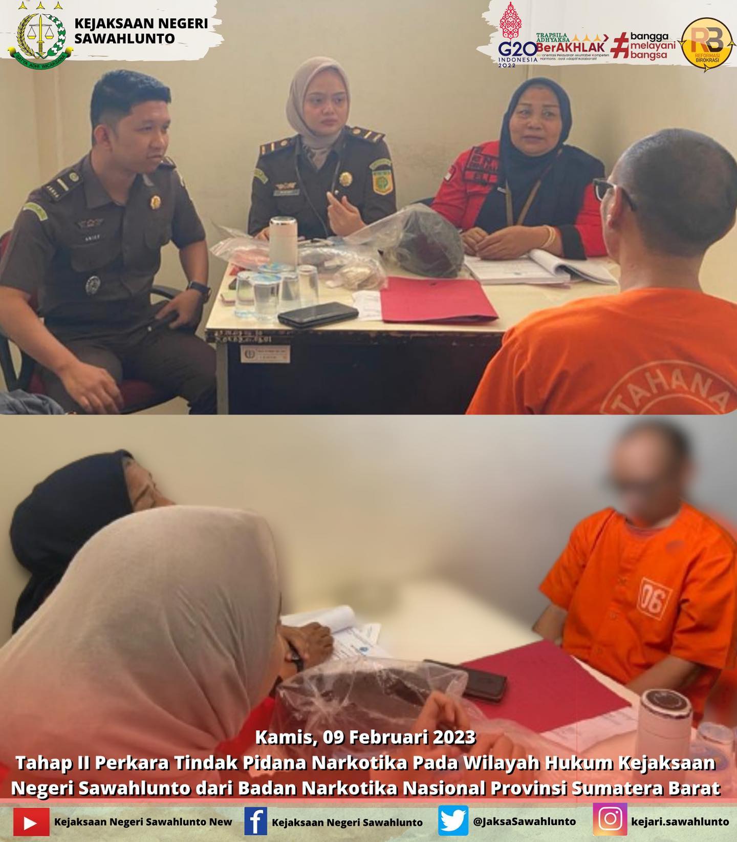Kamis, 09 Februari 2023Kejaksaan Negeri Sawahlunto melakukan Tahap II Perkara Tindak Pidana Narkotika dari Penyidik Badan Narkotika Nasional (BNN) Provinsi Sumatera Barat dengan barang bukti Narkotika jenis Sabu dengan berat bersih 194,78 (seratus sembilan puluh empat koma tujuh puluh delapan) gram kemudian disisihkan 0,02 (nol koma nol dua) gram untuk pemeriksaan labor sehingga sisa barang bukti 194,76 (seratus sembilan puluh empat koma tujuh puluh enam) gram (telah dimusnahkan) dengan surat ketetapan pemusnahan barang bukti Nomor: SK/03/X/2022/BNNP tanggal 15 Oktober 2022 dan berita acara pemusnahan tanggal 15 Oktober 2022.____Update informasi anda tentang Kejaksaan Negeri Sawahlunto terbaru di official account Instagram,Facebook dan Youtube kami !!..____FACEBOOK : Kejaksaan Negeri SawahluntoYOUTUBE : Kejakaaan Negeri Sawahlunto NewTWITTER : @JaksaSawahlunto..________#KejaksaanRI#kejatisumbarnew@kejatisumbarnew#kejarisawahlunto - from Instagram