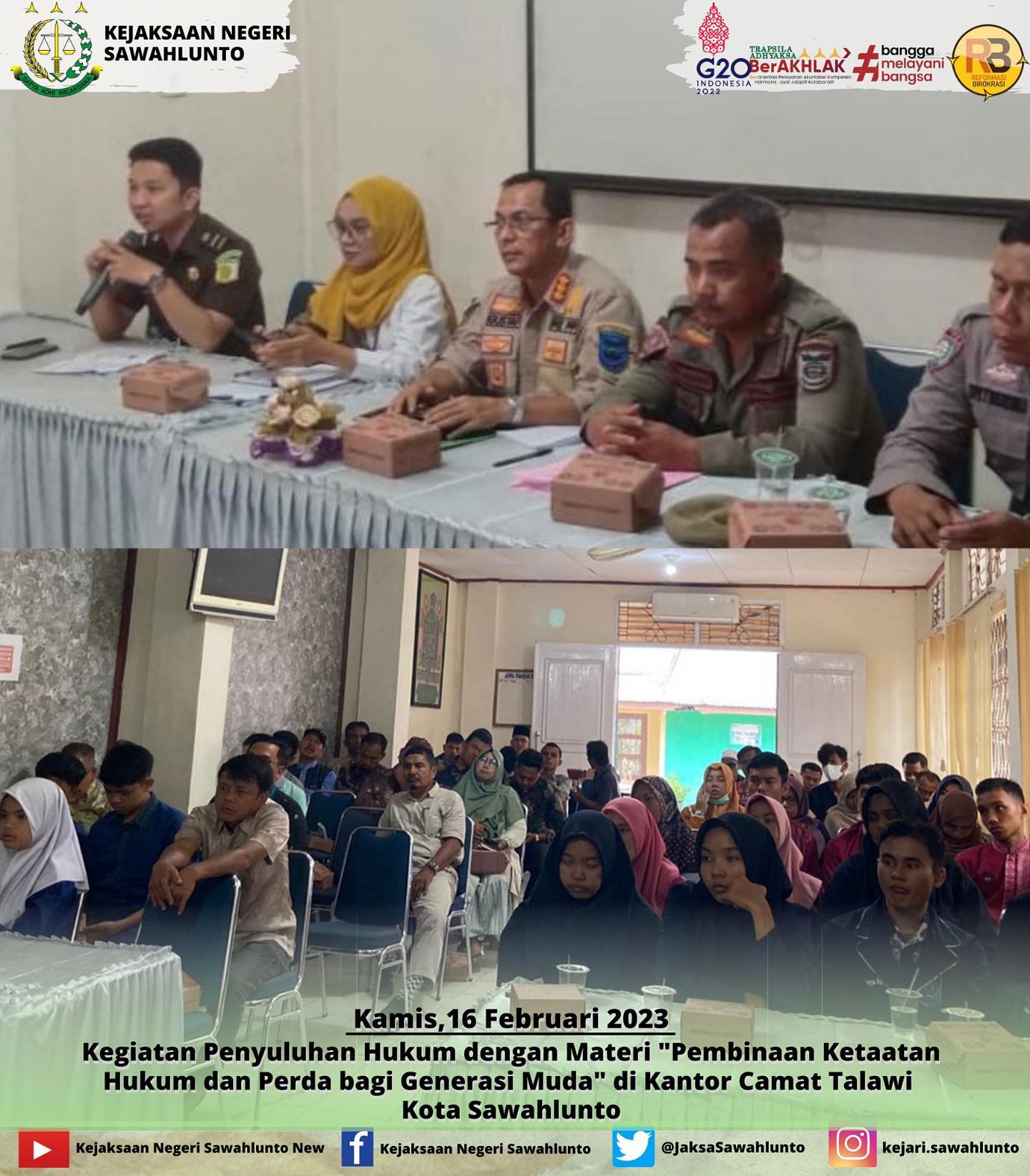 Kamis,16 Februari 2023Kasubsi A Arief Hidayat,S.H menjadi Narasumber dalam Kegiatan Penyuluhan Hukum dengan Materi "Pembinaan Ketaatan Hukum dan Perda bagi Generasi Muda" di Kantor Camat Talawi Kota Sawahlunto.____Update informasi anda tentang Kejaksaan Negeri Sawahlunto terbaru di official account Instagram,Facebook dan Youtube kami !!..____FACEBOOK : Kejaksaan Negeri SawahluntoYOUTUBE : Kejakaaan Negeri Sawahlunto NewTWITTER : @JaksaSawahlunto..________#KejaksaanRI#kejatisumbarnew@kejatisumbarnew#kejarisawahlunto - from Instagram