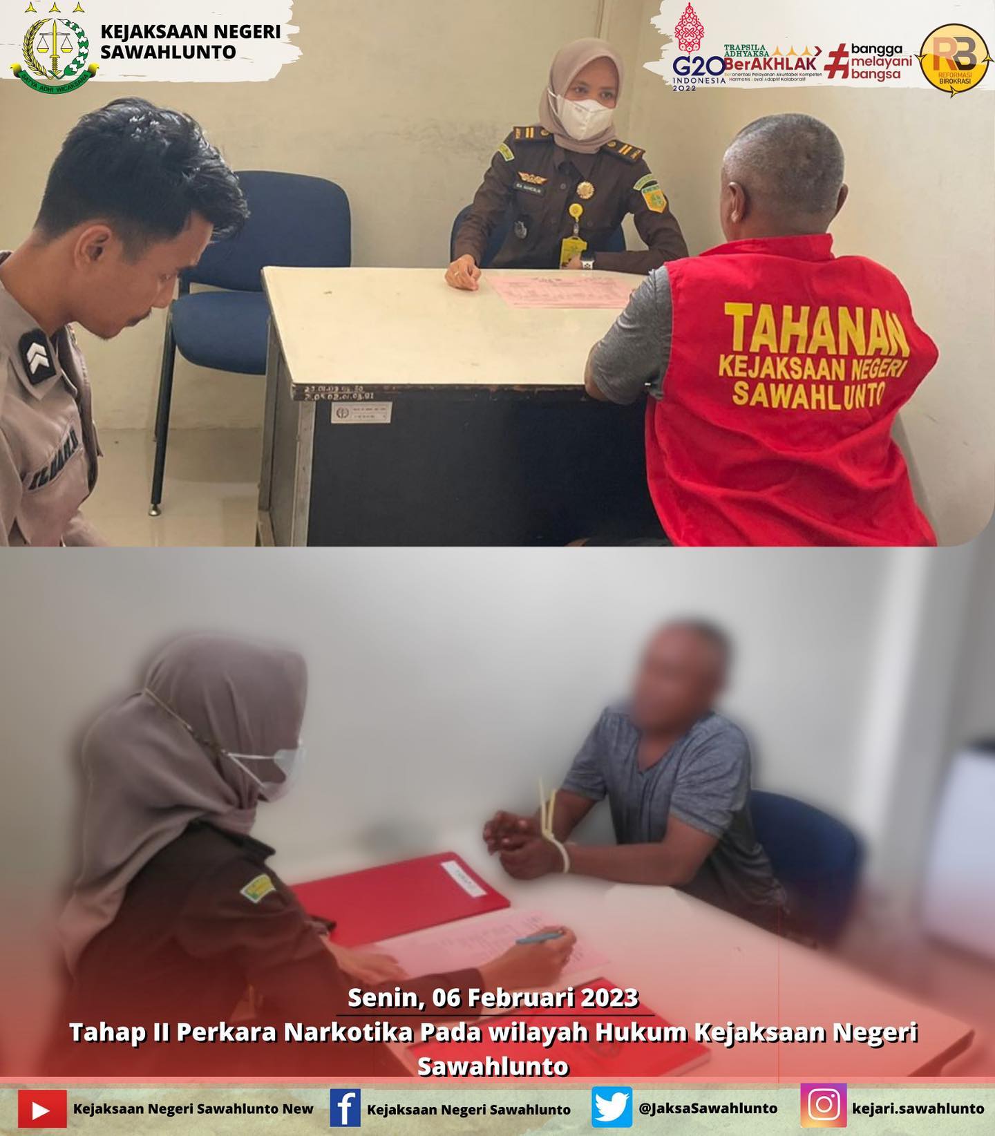 Senin, 06 Februari 2023Tahap II Perkara Narkotika Pada Wilayah Hukum Kejaksaan Negeri Sawahlunto oleh Jaksa Penuntut Umum____Update informasi anda tentang Kejaksaan Negeri Sawahlunto terbaru di official account Instagram,Facebook dan Youtube kami !!..____FACEBOOK : Kejaksaan Negeri SawahluntoYOUTUBE : Kejakaaan Negeri Sawahlunto NewTWITTER : @JaksaSawahlunto..________#KejaksaanRI#kejatisumbarnew@kejatisumbarnew#kejarisawahlunto - from Instagram
