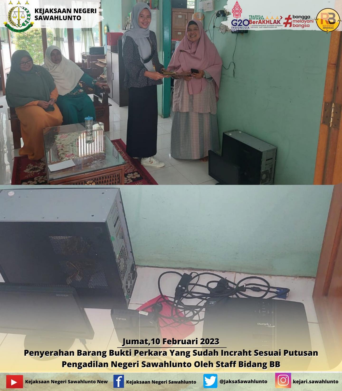 Jumat, 10 Februari 2023Penyerahan Barang Bukti perkara yang sudah incraht Perkata Tindak Pidana Umum Pencurian pada Wilayah Hukum Kejaksaan Negeri Sawahlunto yang diantar langsung oleh Staf Bidang Barang Bukti dan Barang Rampasan Kejaksaan Negeri Sawahlunto kepada pihak SMP Negeri 6.____Update informasi anda tentang Kejaksaan Negeri Sawahlunto terbaru di official account Instagram,Facebook dan Youtube kami !!..____FACEBOOK : Kejaksaan Negeri SawahluntoYOUTUBE : Kejakaaan Negeri Sawahlunto NewTWITTER : @JaksaSawahlunto..________#KejaksaanRI#kejatisumbarnew@kejatisumbarnew#kejarisawahlunto - from Instagram