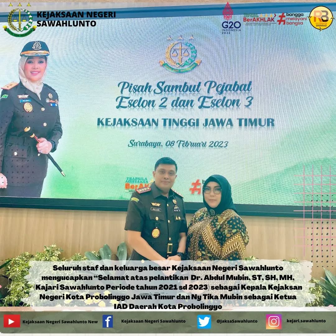 Rabu, 08/02/2023Seluruh staf dan keluarga besar Kejaksaan Negeri Sawahlunto mengucapkan “Selamat atas pelantikan Dr. Abdul Mubin, ST, SH, MH, (Kajari Sawahlunto Periode tahun 2021 sd 2023) sebagai Kepala Kejaksan Negeri Kota Probolinggo Jawa Timur dan Ny Tika Mubin sebagai Ketua IAD Daerah Kota Probolinggo, selamat menjalakan tugas ditempat yang baru, semoga sehat selalu dan semakin sukses , terima kasih telah mengabdikan diri sebagai Kepala Kejaksaan Negeri Sawahlunto, Aamiin YRA..____Update terus informasi anda tentang Kejaksaan Negeri Sawahlunto terbaru di official account Instagram,Facebook dan Youtube kami !!..____🌐 kejari-sawahlunto.kejaksaan.go.idFACEBOOK : Kejaksaan Negeri SawahluntoYOUTUBE : Kejakaaan Negeri Sawahlunto NewTWITTER : @JaksaSawahlunto..________#KejaksaanRI#kejatisumbarnew@kejatisumbarnew#kejarisawahlunto - from Instagram