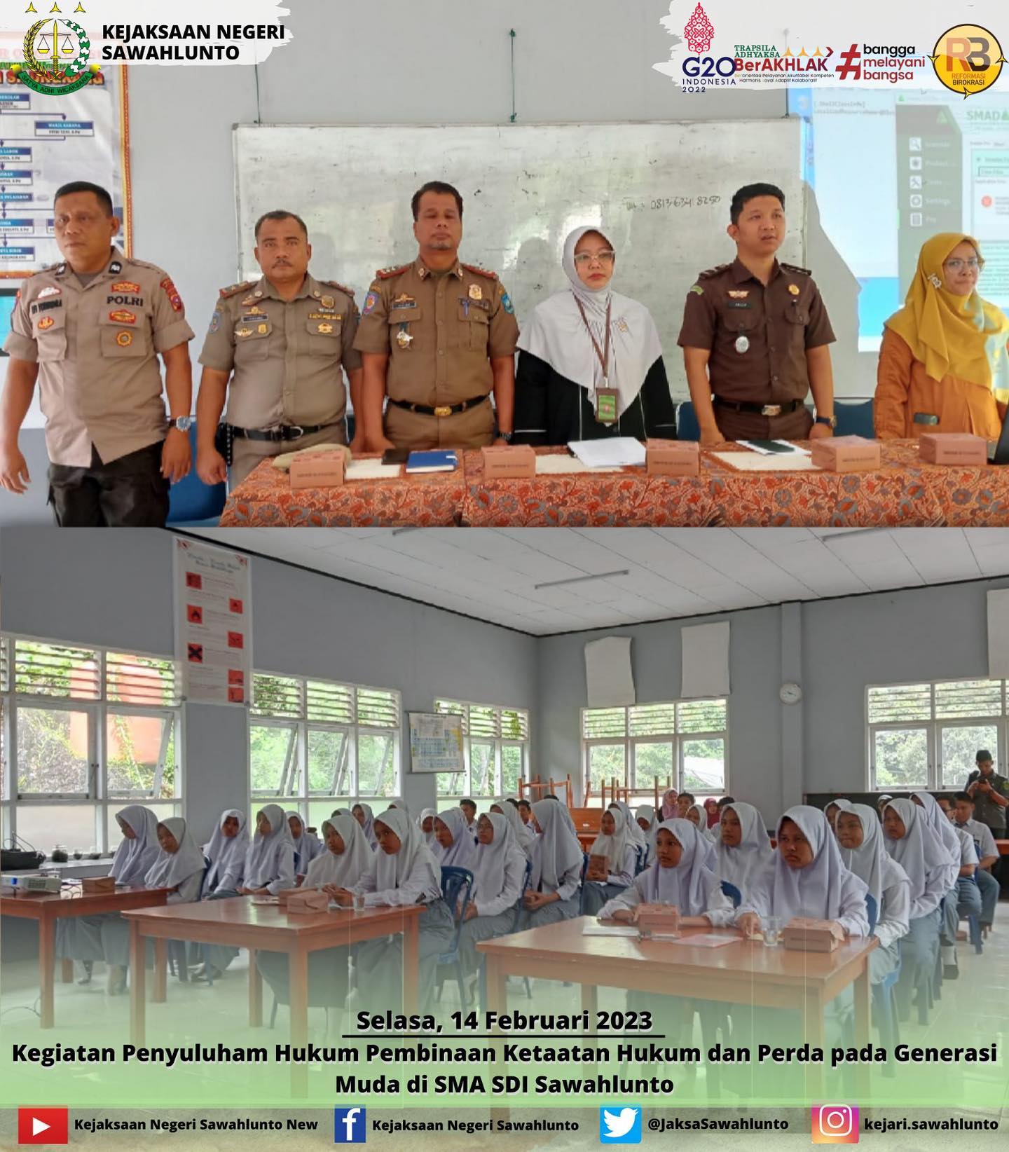 Selasa, 14 Februari 2023Kasubsi A Arief Hidayat,S.H menjadi narasumber dalam kegiatan Penyuluhan Hukum Pembinaan Ketaatan Hukum dan Perda pada Generasi Muda di SMA SDI Sawahlunto.____Update informasi anda tentang Kejaksaan Negeri Sawahlunto terbaru di official account Instagram,Facebook dan Youtube kami !!..____FACEBOOK : Kejaksaan Negeri SawahluntoYOUTUBE : Kejakaaan Negeri Sawahlunto NewTWITTER : @JaksaSawahlunto..________#KejaksaanRI#kejatisumbarnew@kejatisumbarnew#kejarisawahlunto - from Instagram