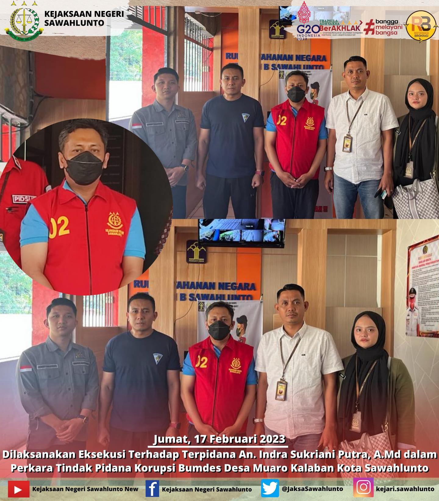Jumat tanggal 17 Februari 2023 Kasi Tindak Pidana Khusus Bapak Andiko,S.H beserta Tim Jaksa Penuntut Umum telah melaksanakan Eksekusi Terhadap Terpidana An. Indra Sukriani Putra, A.Md dalam Perkara Tindak Pidana Korupsi Bumdes Desa Muaro Kalaban Kota Sawahlunto. Eksekusi Terhadap Terpidana An. Indra Sukriani Putra, A.Md dalam Perkara Tindak Pidana Korupsi Bumdes Desa Muaro Kalaban Kota Sawahlunto ini dilakukan berdasarkan Putusan Kasasi Mahkamah Agung Republik Indonesia Nomor: 6676 K/Pid.Sus/2022 Tanggal 21 Desember 2022.____Update informasi anda tentang Kejaksaan Negeri Sawahlunto terbaru di official account Instagram,Facebook dan Youtube kami !!..____FACEBOOK : Kejaksaan Negeri SawahluntoYOUTUBE : Kejakaaan Negeri Sawahlunto NewTWITTER : @JaksaSawahlunto..________#KejaksaanRI#kejatisumbarnew@kejatisumaterabarat @kejaksaan.ri #kejarisawahlunto - from Instagram