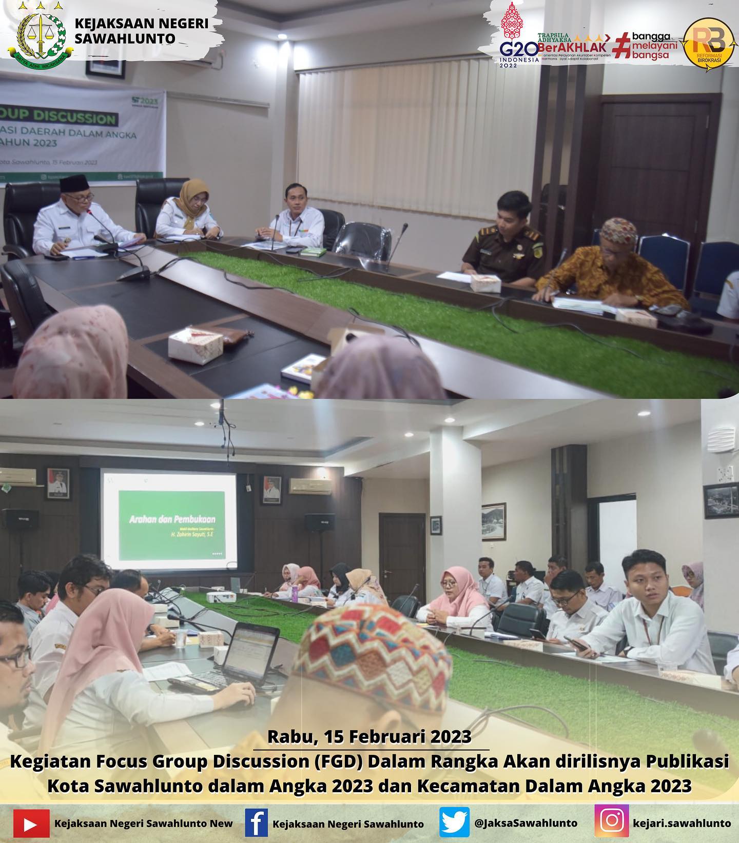 Rabu, 15 Februari 2023Kegiatan Focus Group Discussion (FGD) Dalam Rangka Akan dirilisnya Publikasi Kota Sawahlunto dalam Angka 2023 dan Kecamatan Dalam Angka 2023 untuk melakukan evaluasi dan konfirmasi pungumpulan data yang telah/belum diserahkan kepada BPS Kota Sawahlunto____Update informasi anda tentang Kejaksaan Negeri Sawahlunto terbaru di official account Instagram,Facebook dan Youtube kami !!..____FACEBOOK : Kejaksaan Negeri SawahluntoYOUTUBE : Kejakaaan Negeri Sawahlunto NewTWITTER : @JaksaSawahlunto..________#KejaksaanRI#kejatisumbarnew@kejatisumbarnew#kejarisawahlunto - from Instagram