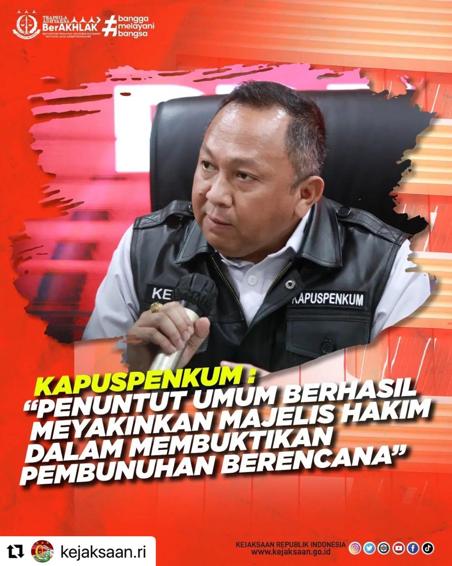 #Repost @kejaksaan.ri ・・・Menanggapi pertanyaan berbagai media tentang pendapat Kejaksaan Agung mengenai vonis hukuman mati terhadap Terdakwa FERDY SAMBO, 20 tahun penjara pada Terdakwa PUTRI CANDRAWATHI, serta 15 tahun penjara untuk Terdakwa KUAT MA’RUF, bersama ini Kepala Pusat Penerangan Hukum Kejaksaan Agung menyampaikan beberapa hal terkait vonis tersebut.Kejaksaan Agung menyampaikan masih akan mempelajari seluruh putusan yang dibacakan pada Senin 13 Februari 2023 dan Selasa 14 Februari 2023 untuk menentukan langkah lebih lanjut dan melihat perkembangan upaya hukum yang dilakukan oleh Terdakwa dan Penasihat Hukumnya.Simak berita selengkapnya di www.kejaksaan.go.id#KejaksaanRI #JaksaProfesional #JaksaBerintegritas #TrapsilaAdhykasaBerakhlak - from Instagram