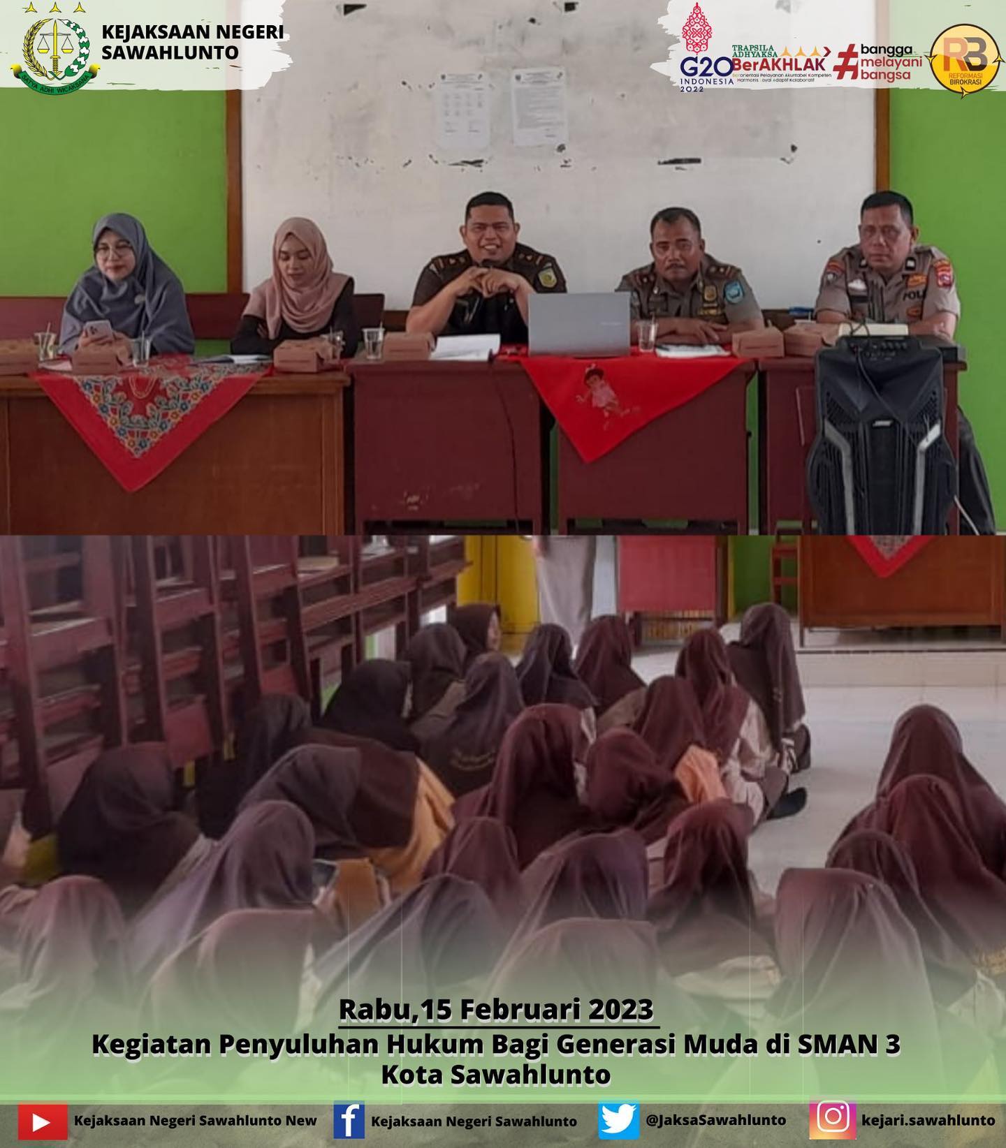 Rabu,15 Februari 2023Kasi Bidang Datun Bapak Hendrio Suherman,S.H.,M.H menjadi Narasumber dalam Kegiatan Penyuluhan Hukum Bagi Generasi Muda di SMAN 3 Kota Sawahlunto.____Update informasi anda tentang Kejaksaan Negeri Sawahlunto terbaru di official account Instagram,Facebook dan Youtube kami !!..____FACEBOOK : Kejaksaan Negeri SawahluntoYOUTUBE : Kejakaaan Negeri Sawahlunto NewTWITTER : @JaksaSawahlunto..________#KejaksaanRI#kejatisumbarnew@kejatisumbarnew#kejarisawahlunto - from Instagram