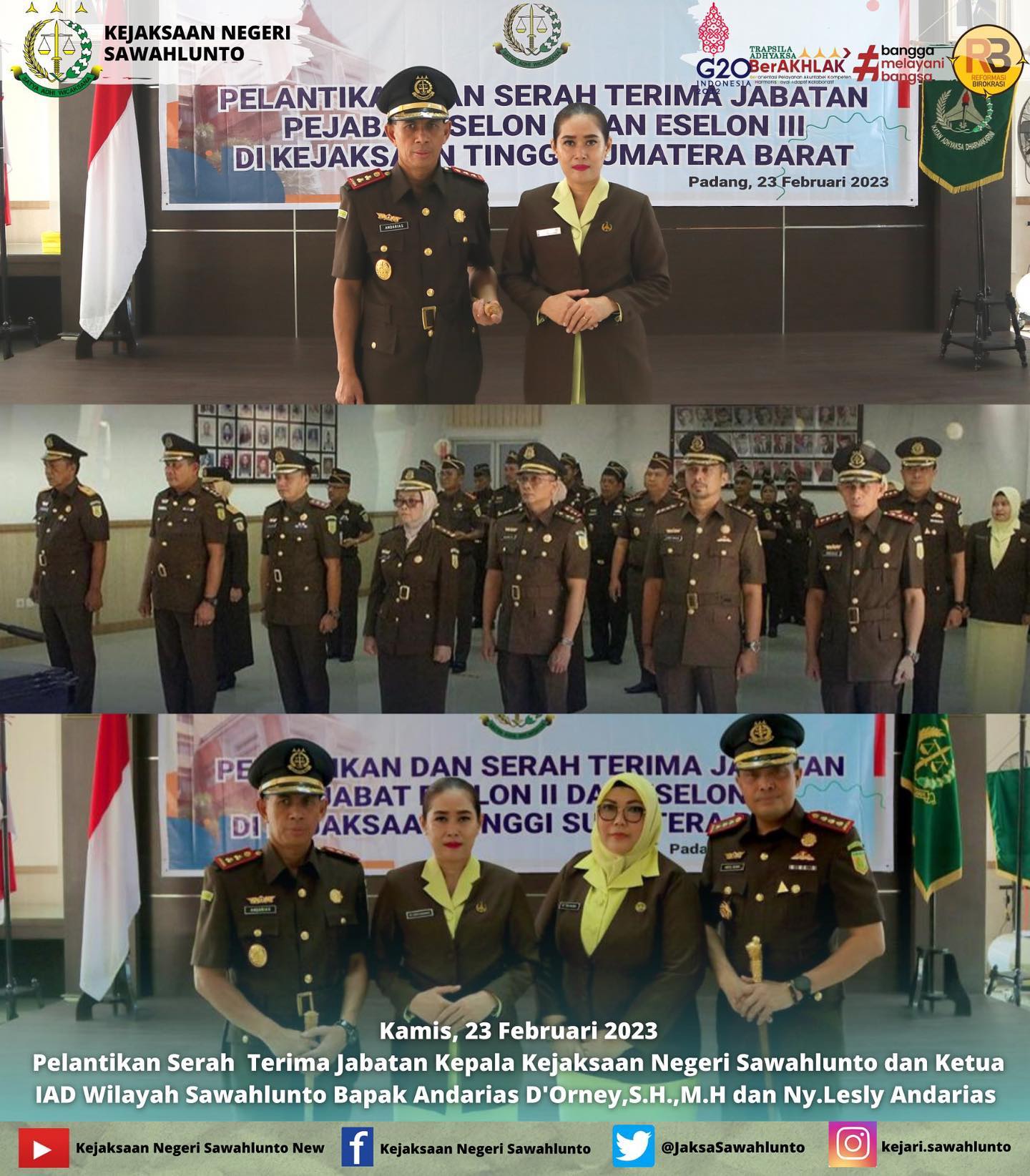 Kamis, 23 Februari 2023Pelantikan Serah Terima Jabatan Kepala Kejaksaan Negeri Sawahlunto dan Ketua IAD Wilayah Sawahlunto Bapak Andarias D'Orney,S.H.,M.H dan Ny.Lesly Andarias di Kejaksaan Tinggi Sumatera Barat ____Update informasi anda tentang Kejaksaan Negeri Sawahlunto terbaru di official account Instagram,Facebook dan Youtube kami !!..____FACEBOOK : Kejaksaan Negeri SawahluntoYOUTUBE : Kejakaaan Negeri Sawahlunto NewTWITTER : @JaksaSawahlunto..________#KejaksaanRI#kejatisumbarnew@kejatisumaterabarat #kejarisawahlunto - from Instagram