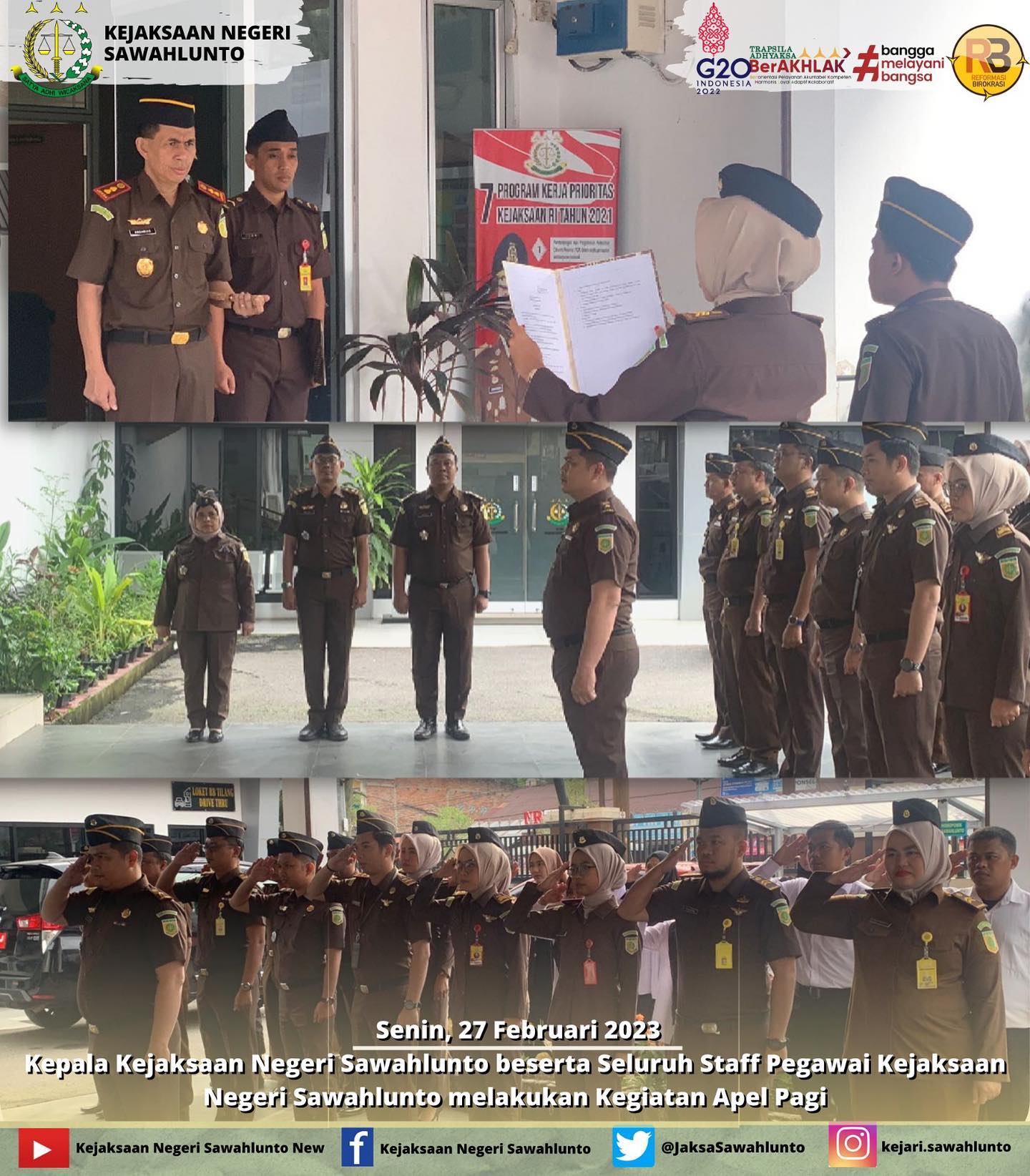 Senin, 27 Februari 2023Kepala Kejaksaan Negeri Sawahlunto Bapak Andarias D’Orney,S.H.,M.H beserta seluruh Staff Pegawai melakukan Kegiatan Apel Pagi di halaman Kantor Kejaksaan Negeri Sawahlunto.____Update informasi anda tentang Kejaksaan Negeri Sawahlunto terbaru di official account Instagram,Facebook dan Youtube kami !!..____FACEBOOK : Kejaksaan Negeri SawahluntoYOUTUBE : Kejakaaan Negeri Sawahlunto NewTWITTER : @JaksaSawahlunto..________#KejaksaanRI#kejatisumbarnew@kejatisumbarnew#kejarisawahlunto - from Instagram