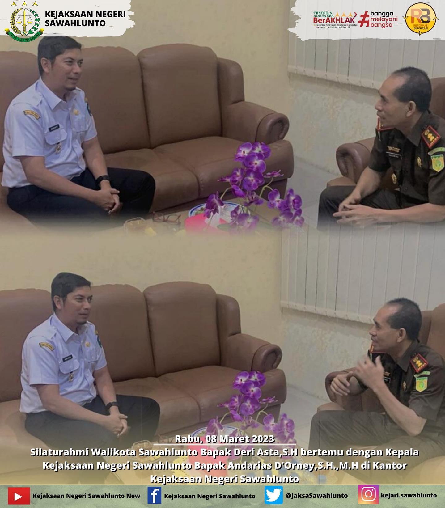 Rabu, 08 Maret 2023Silaturahmi Walikota Sawahlunto Bapak Deri Asta,S.H bertemu dengan Kepala Kejaksaan Negeri Sawahlunto Bapak Andarias D'Orney,S.H.,M.H di Kantor Kejaksaan Negeri Sawahlunto.____Update informasi anda tentang Kejaksaan Negeri Sawahlunto terbaru di official account Instagram,Facebook dan Youtube kami !!..____FACEBOOK : Kejaksaan Negeri SawahluntoYOUTUBE : Kejakaaan Negeri Sawahlunto NewTWITTER : @JaksaSawahlunto..________#KejaksaanRI#kejatisumbarnew@kejatisumbarnew#kejarisawahlunto - from Instagram