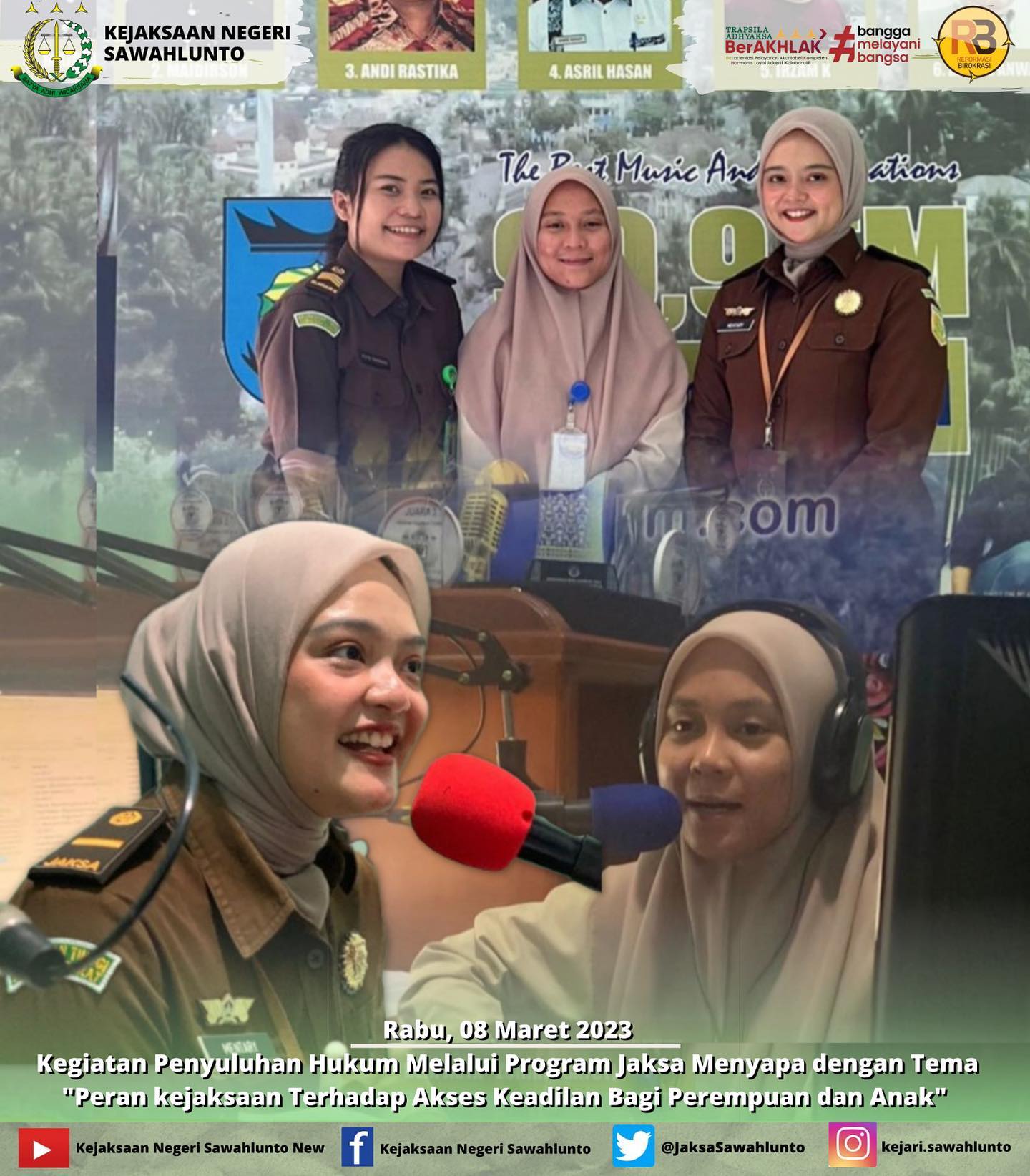 Rabu, 08 Maret 2023Jaksa Fungsional Mentary Meidiana,S.H dan Staff Intel melakukan Kegiatan Penyuluhan Hukum Melalui Program Jaksa Menyapa dengan Tema "Peran kejaksaan Terhadap Akses Keadilan Bagi Perempuan dan Anak" di Radio 99,9 Sawahlunto FM.____Update informasi anda tentang Kejaksaan Negeri Sawahlunto terbaru di official account Instagram,Facebook dan Youtube kami !!..____FACEBOOK : Kejaksaan Negeri SawahluntoYOUTUBE : Kejakaaan Negeri Sawahlunto NewTWITTER : @JaksaSawahlunto..________#KejaksaanRI#kejatisumbarnew@kejatisumbarnew#kejarisawahlunto - from Instagram