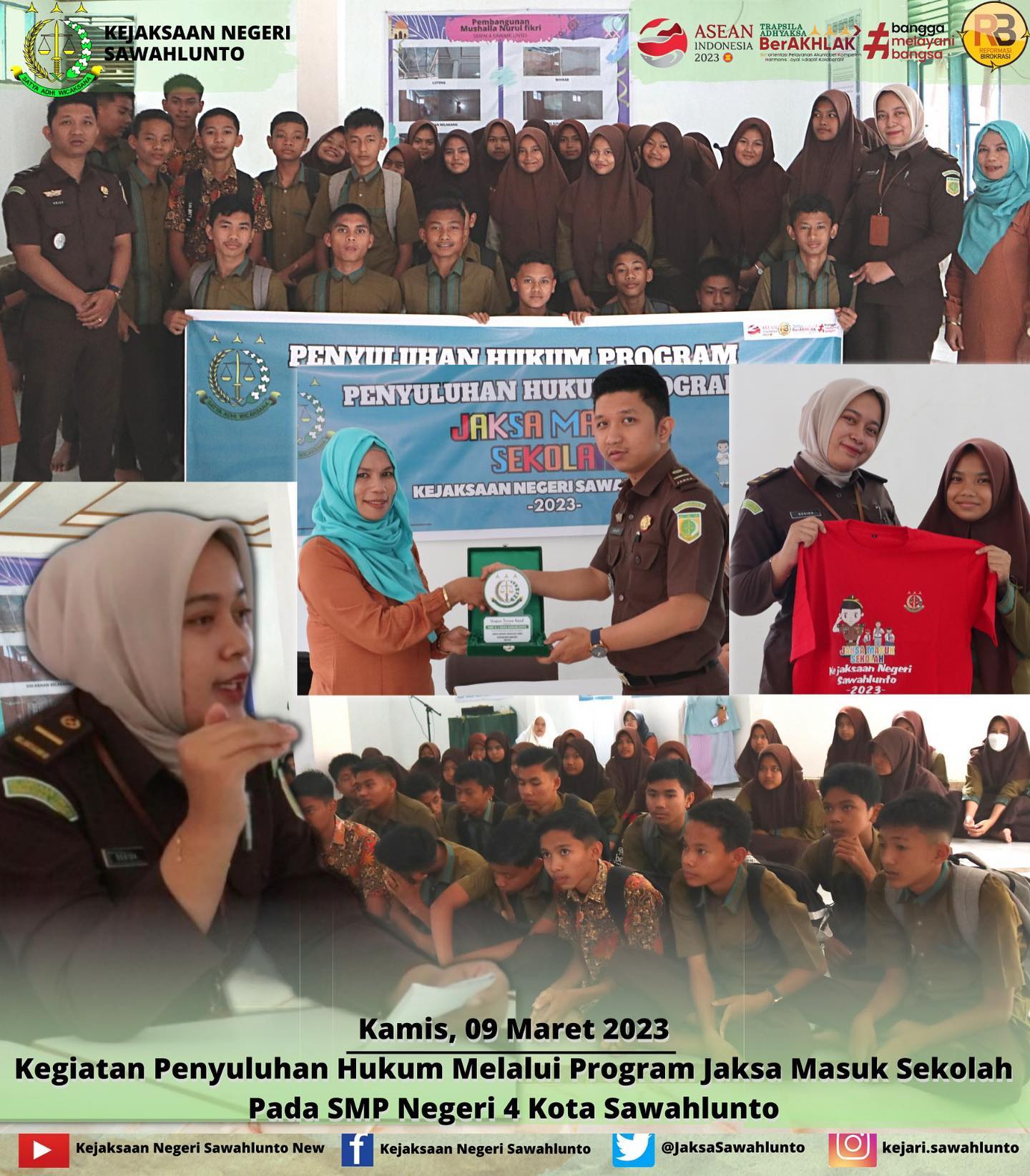 Kamis, 09 Maret 2023Kasubsi A Arief Hidayat,S.H beserta Calon Jaksa Desida Dwizafira,S.H melakukan Kegiatan Penyuluhan Hukum Melalui Program Jaksa Masuk Sekolah Pada SMP Negeri 4 Kota Sawahlunto dengan tema "Stop Bullying".____Update informasi anda tentang Kejaksaan Negeri Sawahlunto terbaru di official account Instagram,Facebook dan Youtube kami !!..____FACEBOOK : Kejaksaan Negeri SawahluntoYOUTUBE : Kejakaaan Negeri Sawahlunto NewTWITTER : @JaksaSawahlunto..________#KejaksaanRI#kejatisumbarnew@kejatisumaterabarat #kejarisawahlunto - from Instagram