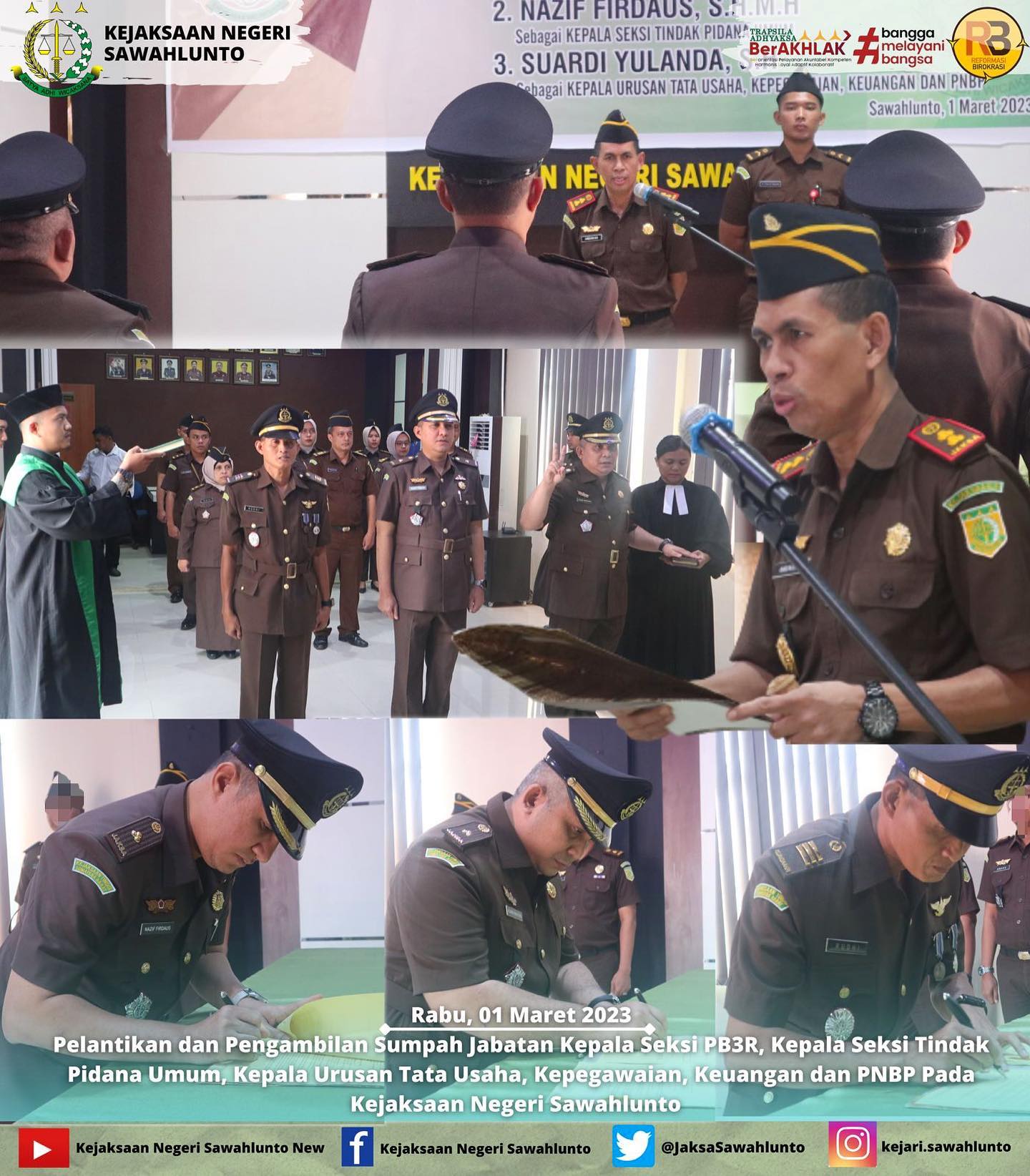 Rabu, 01 Maret 2023Pelantikan dan Pengambilan Sumpah Jabatan Kepala Seksi PB3R Bapak Jovan Kurata Waruhu,S.H.,M.H, Kepala Seksi Tindak Pidana Umum Bapak Nazif Firdaus,S.H.,M.H, Kepala Urusan Tata Usaha, Kepegawaian, Keuangan dan PNBP Bapak Suardi Yulanda,S.H Pada Kejaksaan Negeri Sawahlunto.____Update informasi anda tentang Kejaksaan Negeri Sawahlunto terbaru di official account Instagram,Facebook dan Youtube kami !!..____FACEBOOK : Kejaksaan Negeri SawahluntoYOUTUBE : Kejakaaan Negeri Sawahlunto NewTWITTER : @JaksaSawahlunto..________#KejaksaanRI#kejatisumbarnew@kejatisumbarnew#kejarisawahlunto - from Instagram