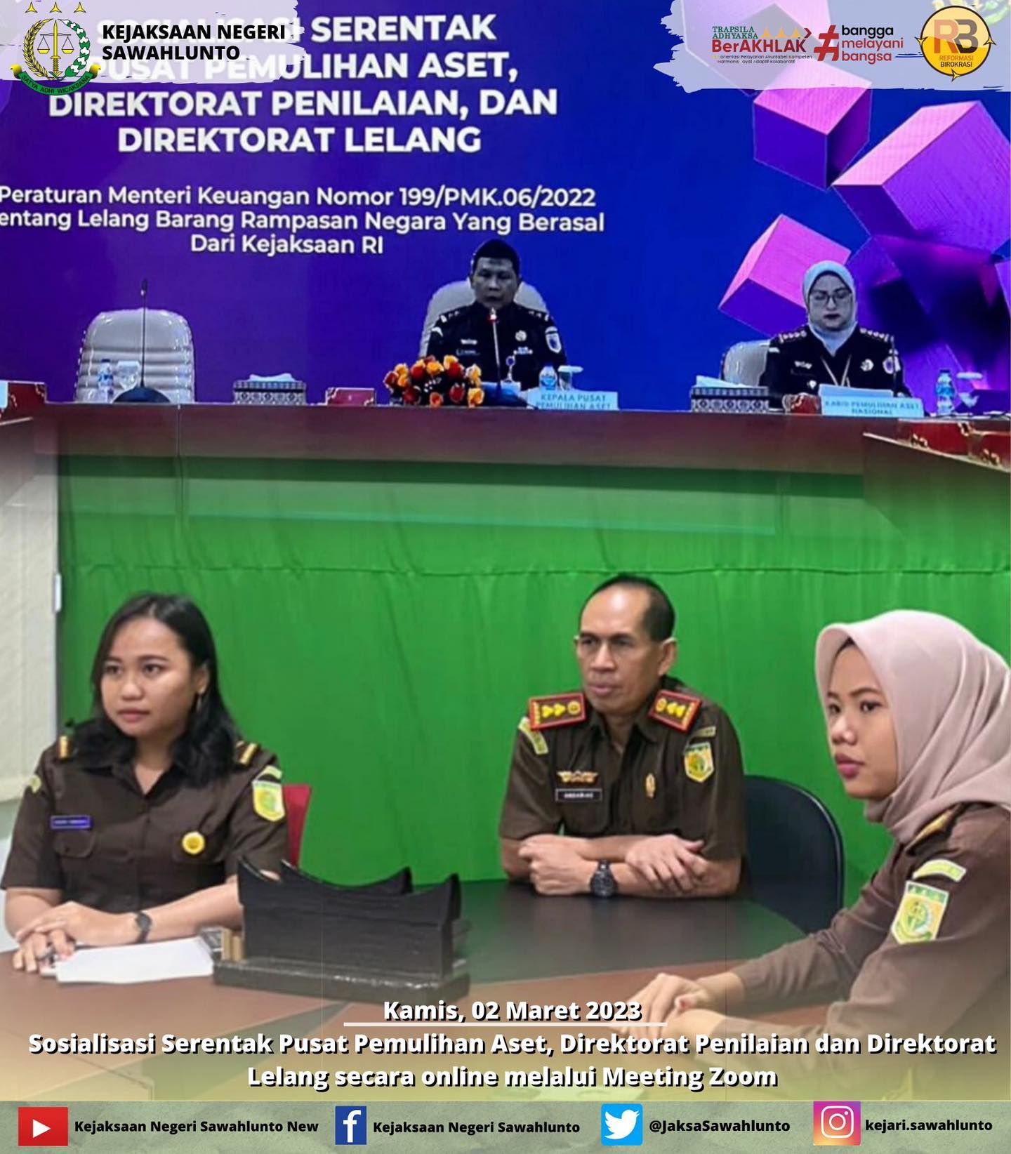 Kamis, 02 Maret 2023Kepala Kejaksaan Negeri Sawahlunto Bapak Andarias D'Orney,S.H.,M.H beserta Staff Bidang PB3R mengikuti Sosialisasi Serentak Pusat Pemulihan Aset, Direktorat Penilaian dan Direktorat Lelang secara online melalui Meeting Zoom.____Update informasi anda tentang Kejaksaan Negeri Sawahlunto terbaru di official account Instagram,Facebook dan Youtube kami !!..____FACEBOOK : Kejaksaan Negeri SawahluntoYOUTUBE : Kejakaaan Negeri Sawahlunto NewTWITTER : @JaksaSawahlunto..________#KejaksaanRI#kejatisumbarnew@kejatisumbarnew#kejarisawahlunto - from Instagram
