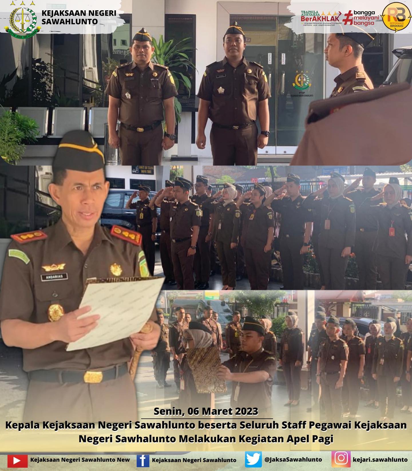 Senin, 06 Maret 2023Kepala Kejaksaan Negeri Sawahlunto Bapak Andarias D’Orney,S.H.,M.H beserta seluruh Staff Pegawai melakukan Kegiatan Apel Pagi di halaman Kantor Kejaksaan Negeri Sawahlunto.____Update informasi anda tentang Kejaksaan Negeri Sawahlunto terbaru di official account Instagram,Facebook dan Youtube kami !!..____FACEBOOK : Kejaksaan Negeri SawahluntoYOUTUBE : Kejakaaan Negeri Sawahlunto NewTWITTER : @JaksaSawahlunto..________#KejaksaanRI#kejatisumbarnew@kejatisumaterabarat #kejarisawahlunto - from Instagram