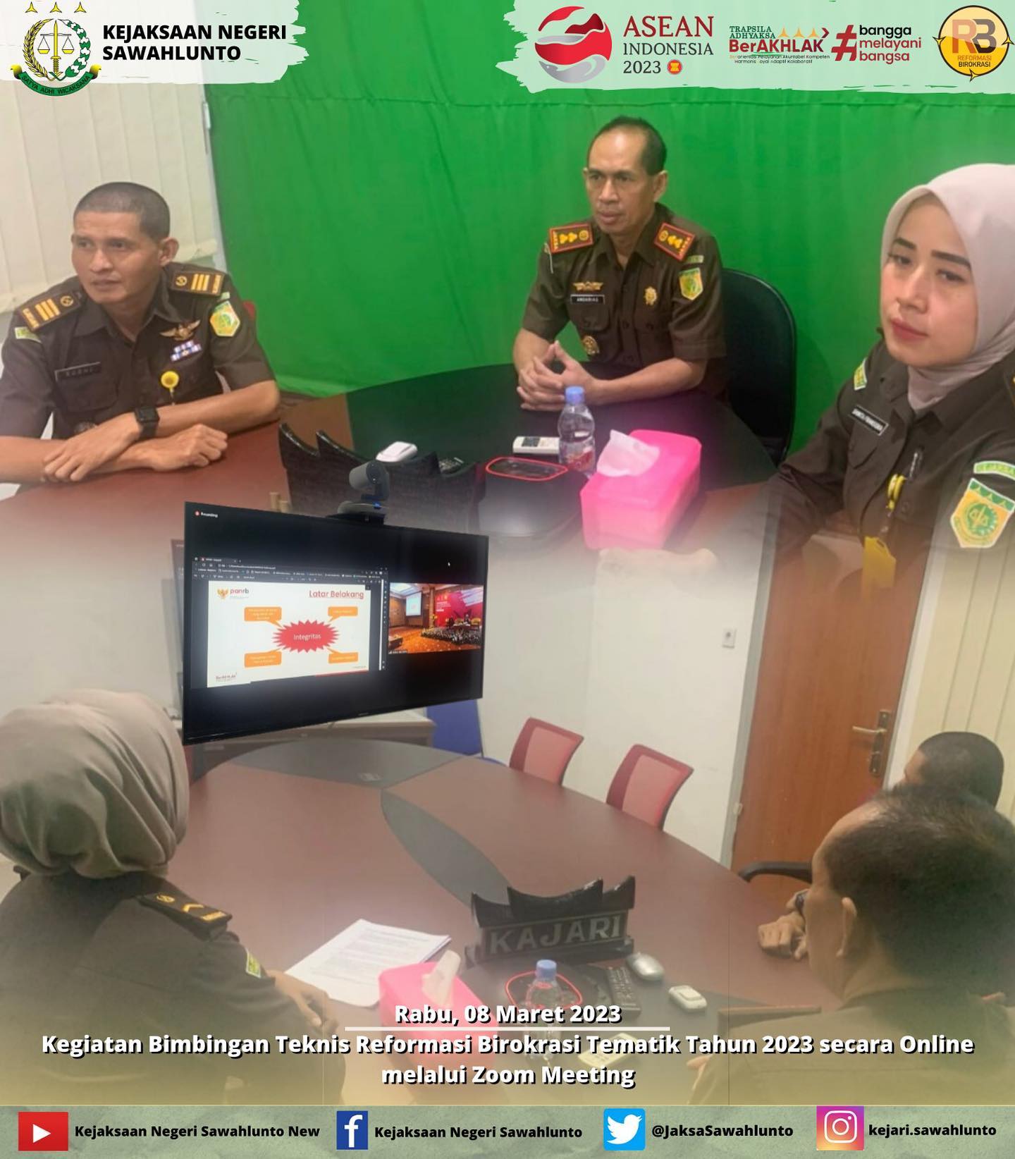 Rabu, 08 Maret 2023Kepala Kejaksaan Negeri Sawahlunto Bapak Andarias D'Orney,S.H.,M.H beserta Staff Kejaksaan Negeri Sawahlunto melakukan Kegiatan Bimbingan Teknis Reformasi Birokrasi Tematik Tahun 2023 secara Online melalui Zoom Meeting.____Update informasi anda tentang Kejaksaan Negeri Sawahlunto terbaru di official account Instagram,Facebook dan Youtube kami !!..____FACEBOOK : Kejaksaan Negeri SawahluntoYOUTUBE : Kejakaaan Negeri Sawahlunto NewTWITTER : @JaksaSawahlunto..________#KejaksaanRI#kejatisumbarnew@kejatisumbarnew#kejarisawahlunto - from Instagram