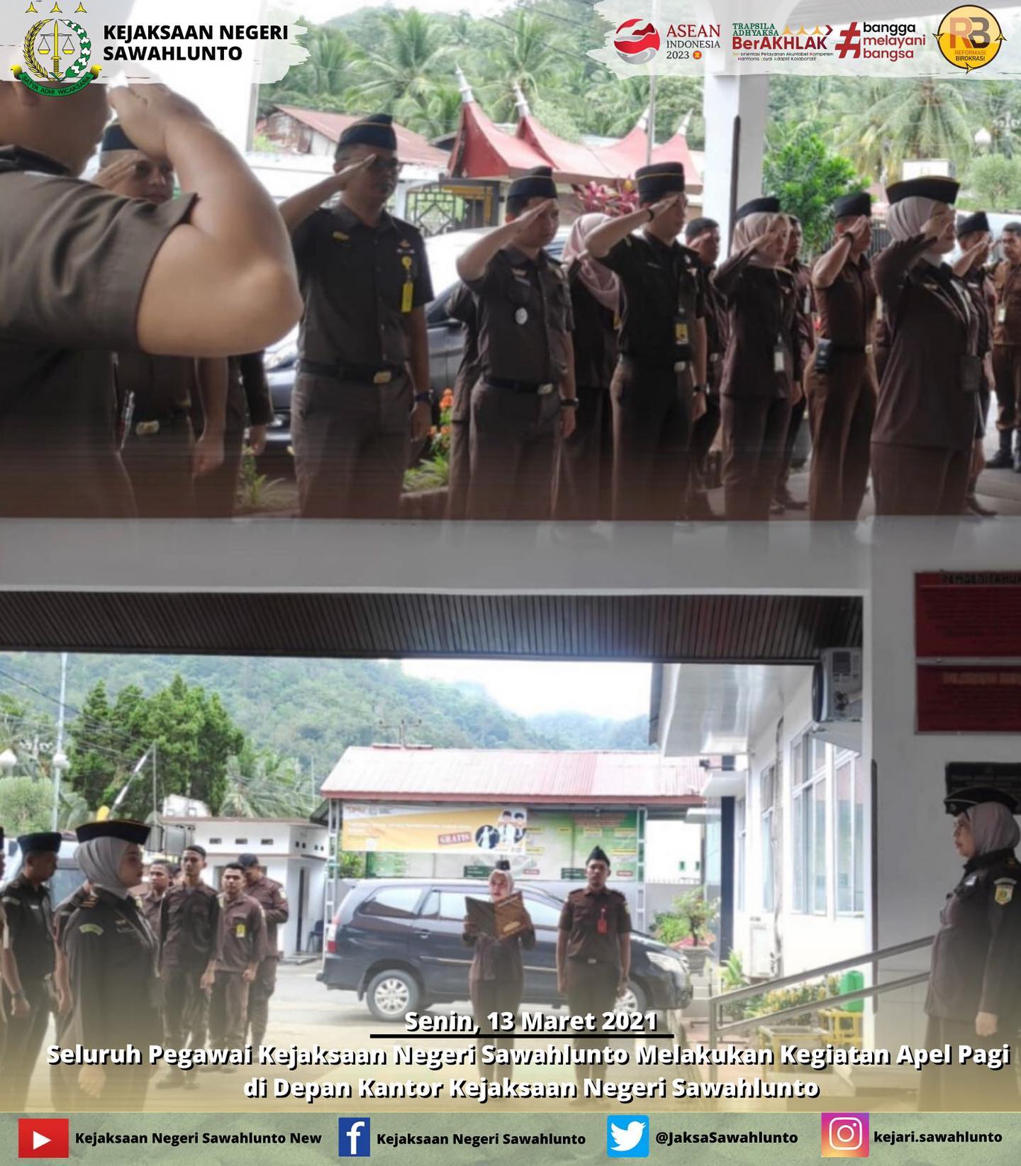 Senin, 13 Maret 2023Kasubagbin Kejaksaan Negeri Sawahlunto Ibu Elnita,SH beserta seluruh Staff Pegawai melakukan Kegiatan Apel Pagi di halaman Kantor Kejaksaan Negeri Sawahlunto.____Update informasi anda tentang Kejaksaan Negeri Sawahlunto terbaru di official account Instagram,Facebook dan Youtube kami !!..____FACEBOOK : Kejaksaan Negeri SawahluntoYOUTUBE : Kejakaaan Negeri Sawahlunto NewTWITTER : @JaksaSawahlunto..________#KejaksaanRI#kejatisumbarnew@kejatisumaterabarat #kejarisawahlunto - from Instagram