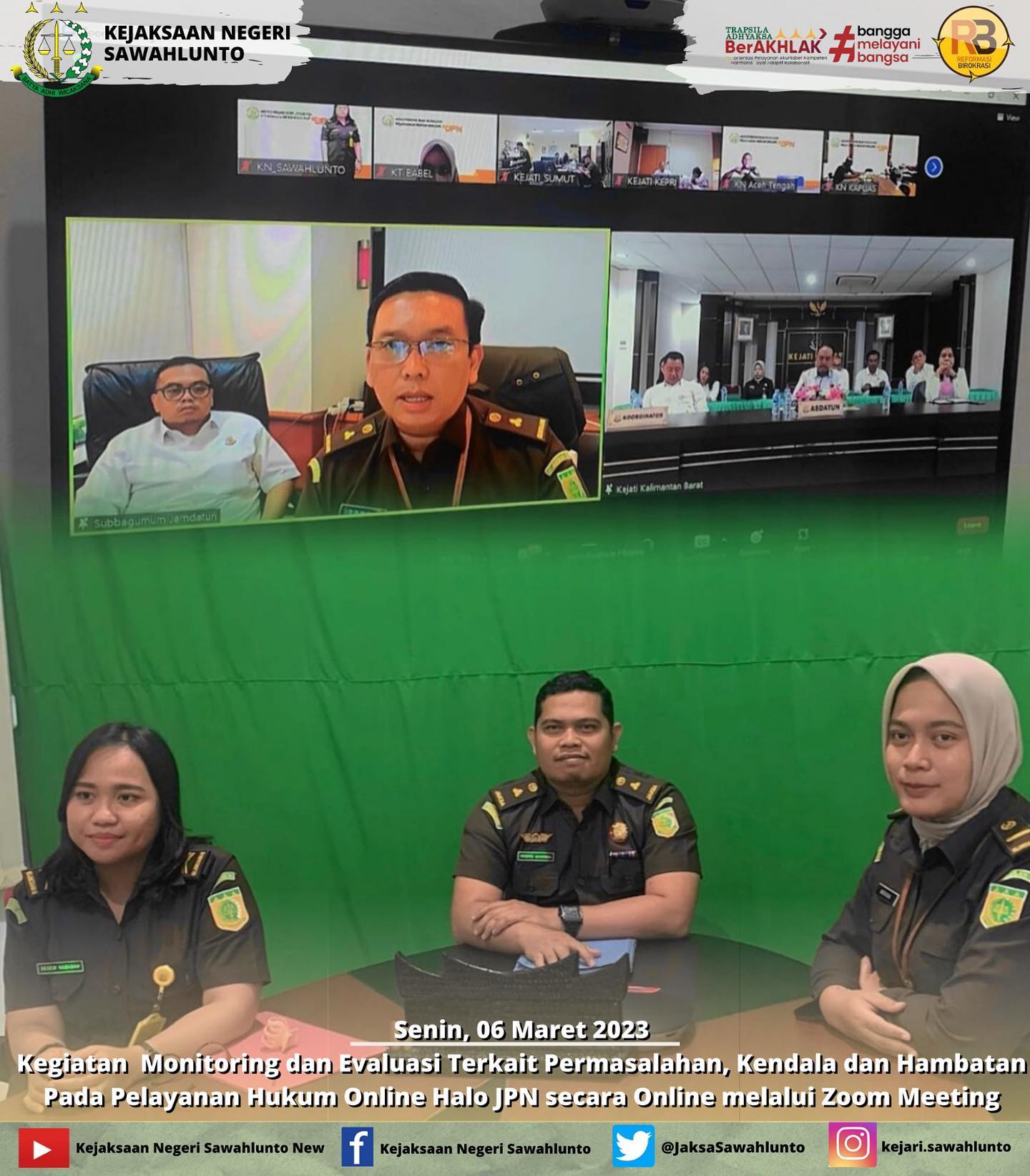 Senin, 06 Maret 2023Kasi Datun Bapak Hendrio Suherman,S.H.,M.H beserta Staff Datun mengikuti Kegiatan Monitoring dan Evaluasi Terkait Permasalahan, Kendala dan Hambatan Pada Pelayanan Hukum Online Halo JPN secara Online melalui Zoom Meeting.____Update informasi anda tentang Kejaksaan Negeri Sawahlunto terbaru di official account Instagram,Facebook dan Youtube kami !!..____FACEBOOK : Kejaksaan Negeri SawahluntoYOUTUBE : Kejakaaan Negeri Sawahlunto NewTWITTER : @JaksaSawahlunto..________#KejaksaanRI#kejatisumbarnew@kejatisumbarnew#kejarisawahlunto - from Instagram