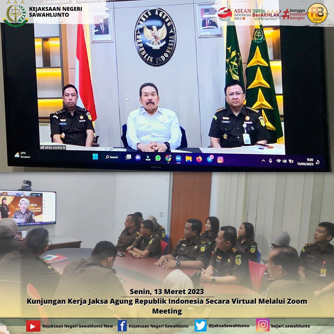 Senin, 13 Meret 2023Kunjungan Kerja Jaksa Agung Republik Indonesia Secara Virtual Melalui Zoom Meeting____Update informasi anda tentang Kejaksaan Negeri Sawahlunto terbaru di official account Instagram,Facebook dan Youtube kami !!..____FACEBOOK : Kejaksaan Negeri SawahluntoYOUTUBE : Kejakaaan Negeri Sawahlunto NewTWITTER : @JaksaSawahlunto..________#KejaksaanRI#kejatisumbarnew@kejatisumbarnew#kejarisawahlunto - from Instagram