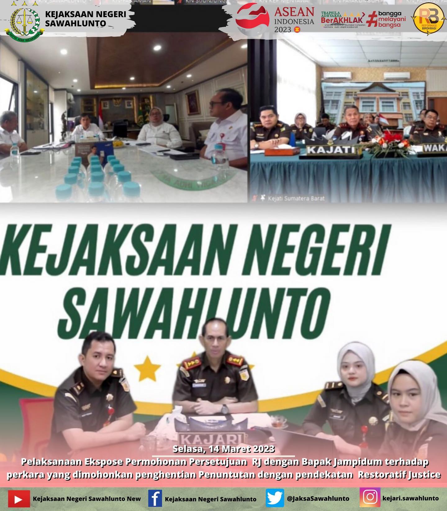 Selasa, 14 MAret 2023Kepala Kejaksaan Negeri Sawahlunto Bapak Andarias D'Orney,S.H.,M.H Beserta Kasi Pidum dan Staff Pidum Mengikuti Pelaksanaan Ekspose Permohonan Persetujuan  RJ dengan Bapak Jampidum terhadap perkara yang dimohonkan penghentian Penuntutan dengan pendekatan  Restoratif Justice oleh Kajari Padang, Kajari Pasaman Barat dan Kajari Sijunjung.____Update informasi anda tentang Kejaksaan Negeri Sawahlunto terbaru di official account Instagram,Facebook dan Youtube kami !!..____FACEBOOK : Kejaksaan Negeri SawahluntoYOUTUBE : Kejakaaan Negeri Sawahlunto NewTWITTER : @JaksaSawahlunto..________#KejaksaanRI#kejatisumbarnew@kejatisumbarnew#kejarisawahlunto - from Instagram