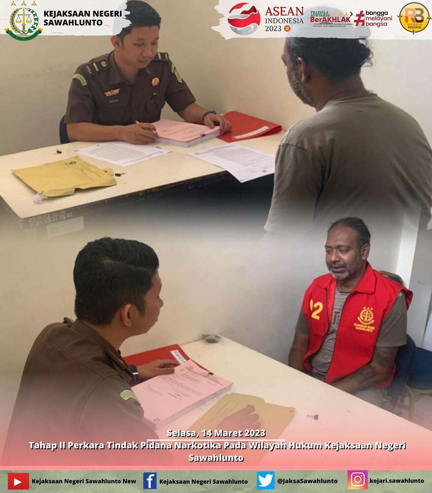 Selasa, 14 Maret 2023Tahap II Perkara Narkotika Pada Wilayah Hukum Kejaksaan Negeri Sawahlunto oleh Jaksa Penuntut Umum____Update informasi anda tentang Kejaksaan Negeri Sawahlunto terbaru di official account Instagram,Facebook dan Youtube kami !!..____FACEBOOK : Kejaksaan Negeri SawahluntoYOUTUBE : Kejakaaan Negeri Sawahlunto NewTWITTER : @JaksaSawahlunto..________#KejaksaanRI#kejatisumbarnew@kejatisumbarnew#kejarisawahlunto - from Instagram