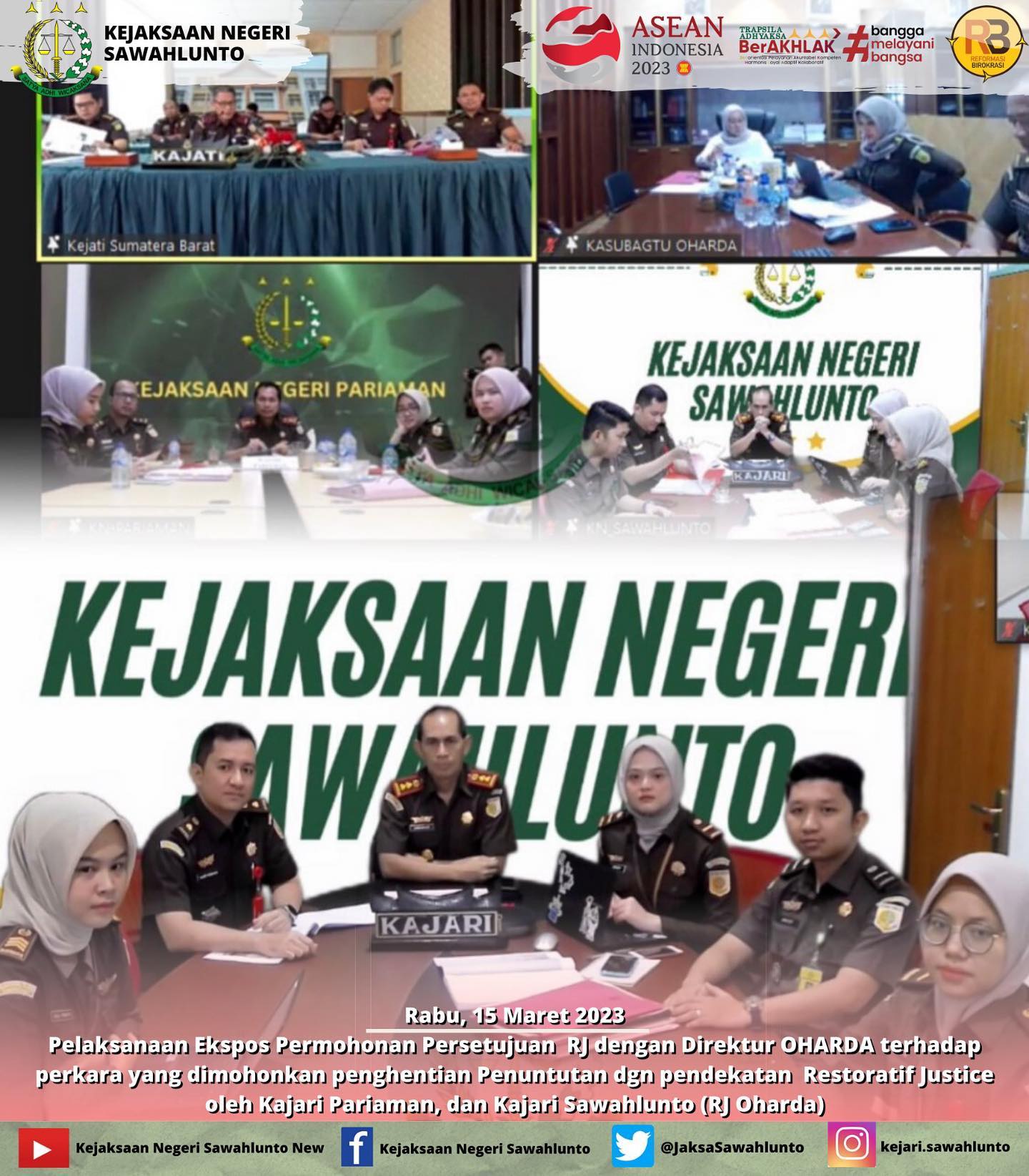 Rabu, 15 Maret 2023Pelaksanaan Ekspos Permohonan Persetujuan  RJ dengan Direktur OHARDA terhadap perkara yang dimohonkan penghentian Penuntutan dengan pendekatan  Restoratif Justice oleh  Kajari Sawahlunto (RJ Oharda) dan  Kajari Pariaman.____Update informasi anda tentang Kejaksaan Negeri Sawahlunto terbaru di official account Instagram,Facebook dan Youtube kami !!..____FACEBOOK : Kejaksaan Negeri SawahluntoYOUTUBE : Kejakaaan Negeri Sawahlunto NewTWITTER : @JaksaSawahlunto..________#KejaksaanRI#kejatisumbarnew@kejatisumbarnew#kejarisawahlunto - from Instagram