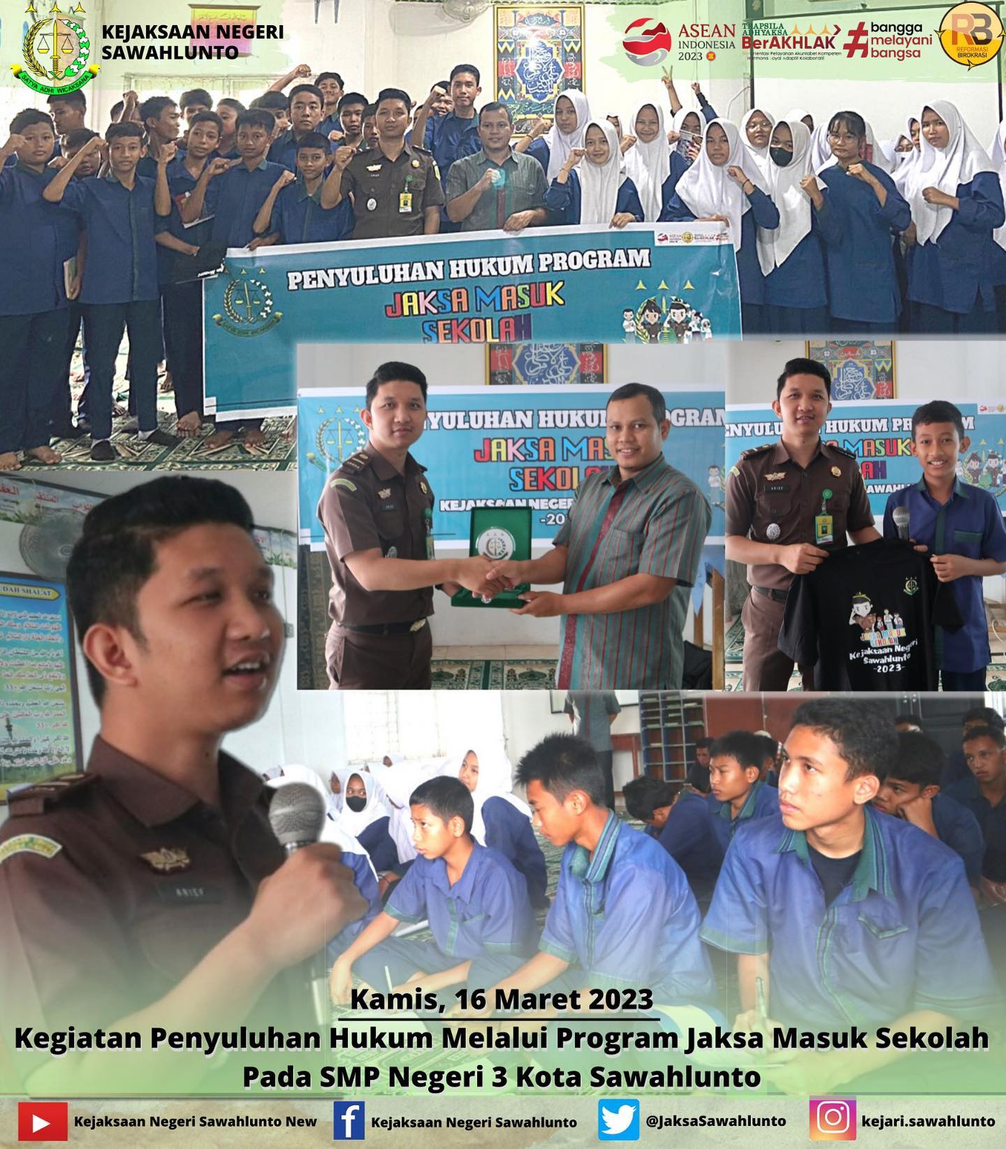 Kamis, 16 Maret 2023Kasubsi A Arief Hidayat,S.H melakukan kegiatan Penyuluhan Hukum Melalui Program Jaksa Masuk Sekolah Pada SMP Negeri 3 Kota Sawahlunto.____Update informasi anda tentang Kejaksaan Negeri Sawahlunto terbaru di official account Instagram,Facebook dan Youtube kami !!..____FACEBOOK : Kejaksaan Negeri SawahluntoYOUTUBE : Kejakaaan Negeri Sawahlunto NewTWITTER : @JaksaSawahlunto..________#KejaksaanRI#kejatisumbarnew@kejatisumaterabarat #kejarisawahlunto - from Instagram