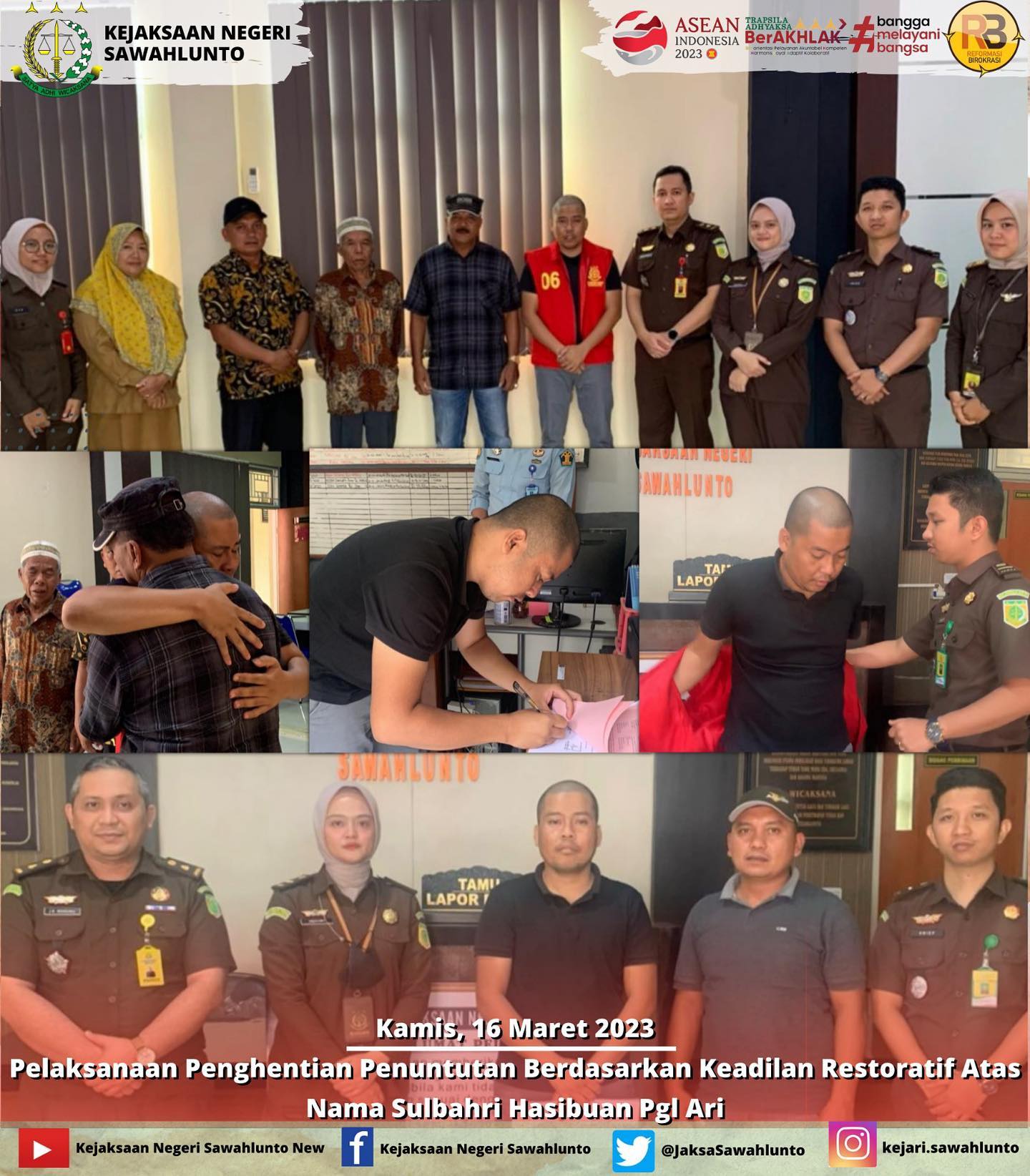 Kamis, 16 Maret 2023Pelaksanaan Penghentian Penuntutan Berdasarkan Keadilan Restoratif Atas Nama Sulbahri Hasibuan Pgl Ari melanggar pasal 372 atau 378 KUHPidana. ____Update informasi anda tentang Kejaksaan Negeri Sawahlunto terbaru di official account Instagram,Facebook dan Youtube kami !!..____FACEBOOK : Kejaksaan Negeri SawahluntoYOUTUBE : Kejakaaan Negeri Sawahlunto NewTWITTER : @JaksaSawahlunto..________#KejaksaanRI#kejatisumaterabarat @kejatisumaterabarat #kejarisawahlunto - from Instagram