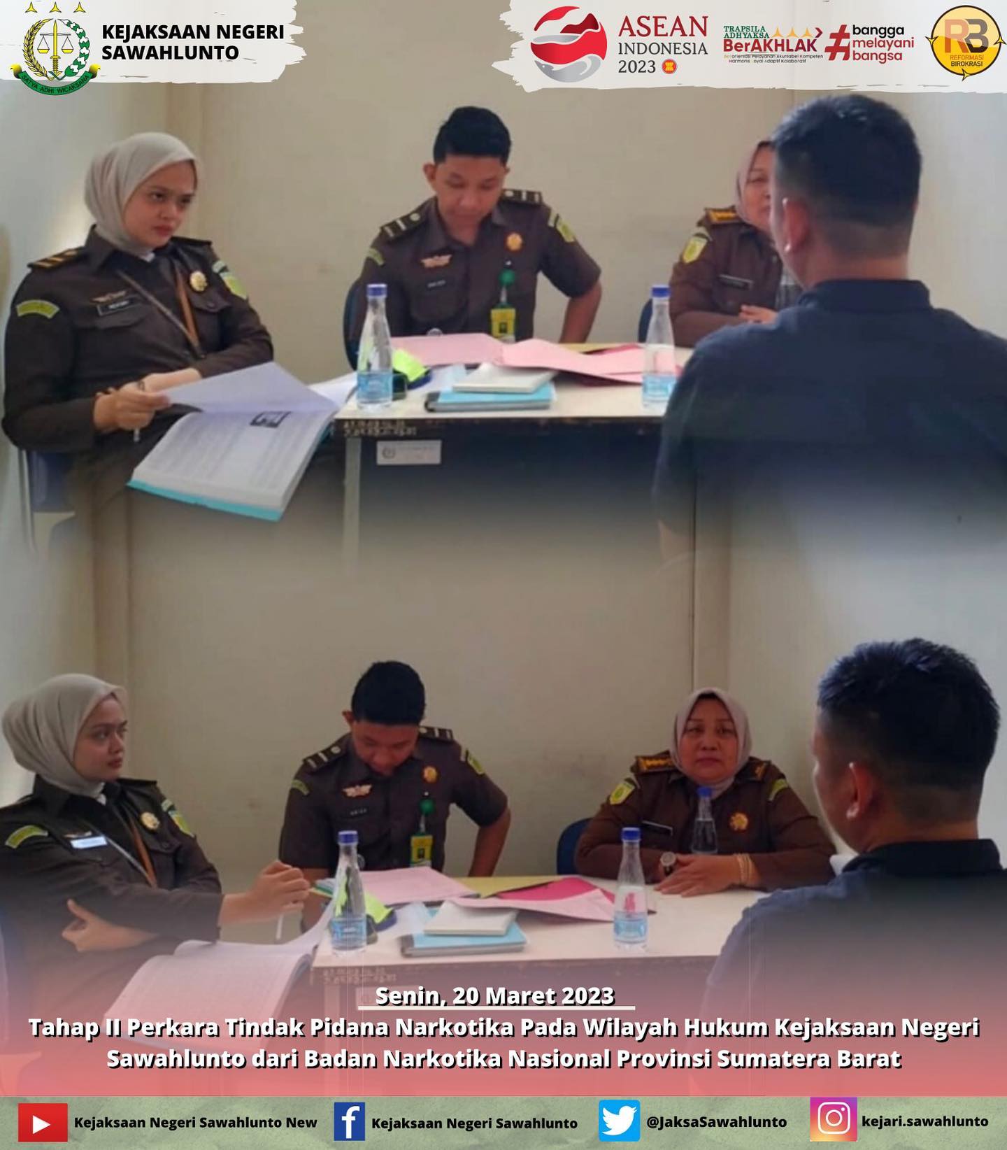 Senin tanggal 20 Maret 2023, bertempat di Ruang Pemeriksaan Seksi Tindak Pidana Umum Kantor Kejaksaan Negeri Sawahlunto telah dilaksanakan Penyerahan Tersangka dan Barang Bukti (Tahap II) Tindak Pidana Narkotika Pada Kejaksaan Negeri Kota Sawahlunto dari Penyidik BNN Provinsi Sumbar, terhadap Tersangka an. RENOFRI Pgl RENO Bin ESNERI didakwa oleh Tim Penuntut umum dengan Perbuatan Terdakwa diatur dan diancam Pasal Primair Pasal 115 ayat (2) Jo Pasal 132 ayat (1) Undang-undang RI Nomor 35 tahun 2009 tentang Narkotika Subsidair Pasal 114 ayat (2) Jo Pasal 132 ayat (1) Undang-undang RI Nomor 35 tahun 2009 tentang Narkotika Lebih Subsidair Pasal 112 ayat (2) Jo Pasal 132 ayat (1) Undang-undang RI Nomor 35 tahun 2009 tentang Narkotika dari BNNP Sumatera Barat.____Update informasi anda tentang Kejaksaan Negeri Sawahlunto terbaru di official account Instagram,Facebook dan Youtube kami !!..____FACEBOOK : Kejaksaan Negeri SawahluntoYOUTUBE : Kejakaaan Negeri Sawahlunto NewTWITTER : @JaksaSawahlunto..________#KejaksaanRI#kejatisumaterabarat @kejatisumaterabarat #kejarisawahlunto - from Instagram