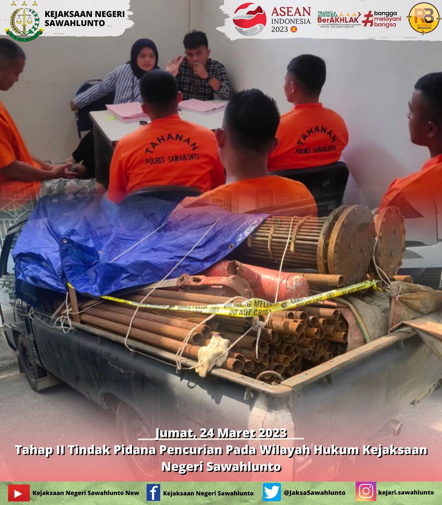 Jumat, 24 Maret 2023 , bertempat di Ruang Pemeriksaan Seksi Tindak Pidana Umum Kejaksaan Negeri Sawahlunto telah dilaksanakan Penyerahan Tersangka dan Barang Bukti (Tahap II) Tindak Pidana Pencurian Besi Sisa Pembongkaran Overhaul yang terletak di Belakang PLTU Ombilin Pada Kejaksaan Negeri Kota Sawahlunto dari Penyidik Polres Sawahlunto.____Update informasi anda tentang Kejaksaan Negeri Sawahlunto terbaru di official account Instagram,Facebook dan Youtube kami !!..____FACEBOOK : Kejaksaan Negeri SawahluntoYOUTUBE : Kejakaaan Negeri Sawahlunto NewTWITTER : @JaksaSawahlunto..________#KejaksaanRI#kejatisumaterabarat@kejatisumaterabarat#kejarisawahlunto - from Instagram