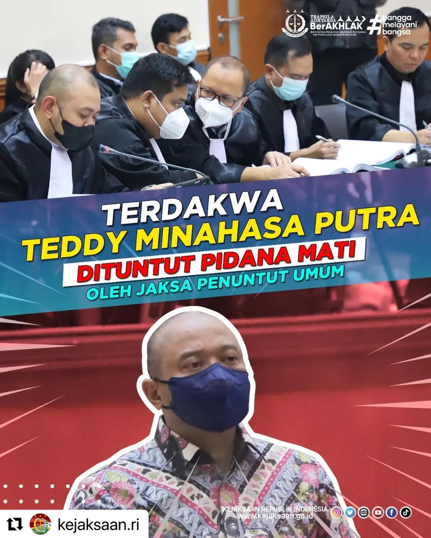 #Repost @kejaksaan.ri ・・・Kamis 30 Maret 2023 pukul 09.00 s/d 13.45 WIB dan bertempat di Pengadilan Negeri Jakarta Barat, telah dilaksanakan persidangan atas nama Terdakwa TEDDY MINAHASA PUTRA bin H. ABU BAKAR (alm) dalam perkara peredaran narkoba dengan agenda persidangan yaitu pembacaan amar tuntutan yang pada pokoknya, Menjatuhkan pidana terhadap Terdakwa TEDDY MINAHASA PUTRA bin H. ABU BAKAR (alm) dengan pidana mati, dengan perintah Terdakwa tetap ditahan.Simak Berita selengkapnya di www.kejaksaan.go.id#KejaksaanRI #JaksaProfesional #JaksaBerintegritas #TrapsilaAdhyaksaBerakhlak - from Instagram