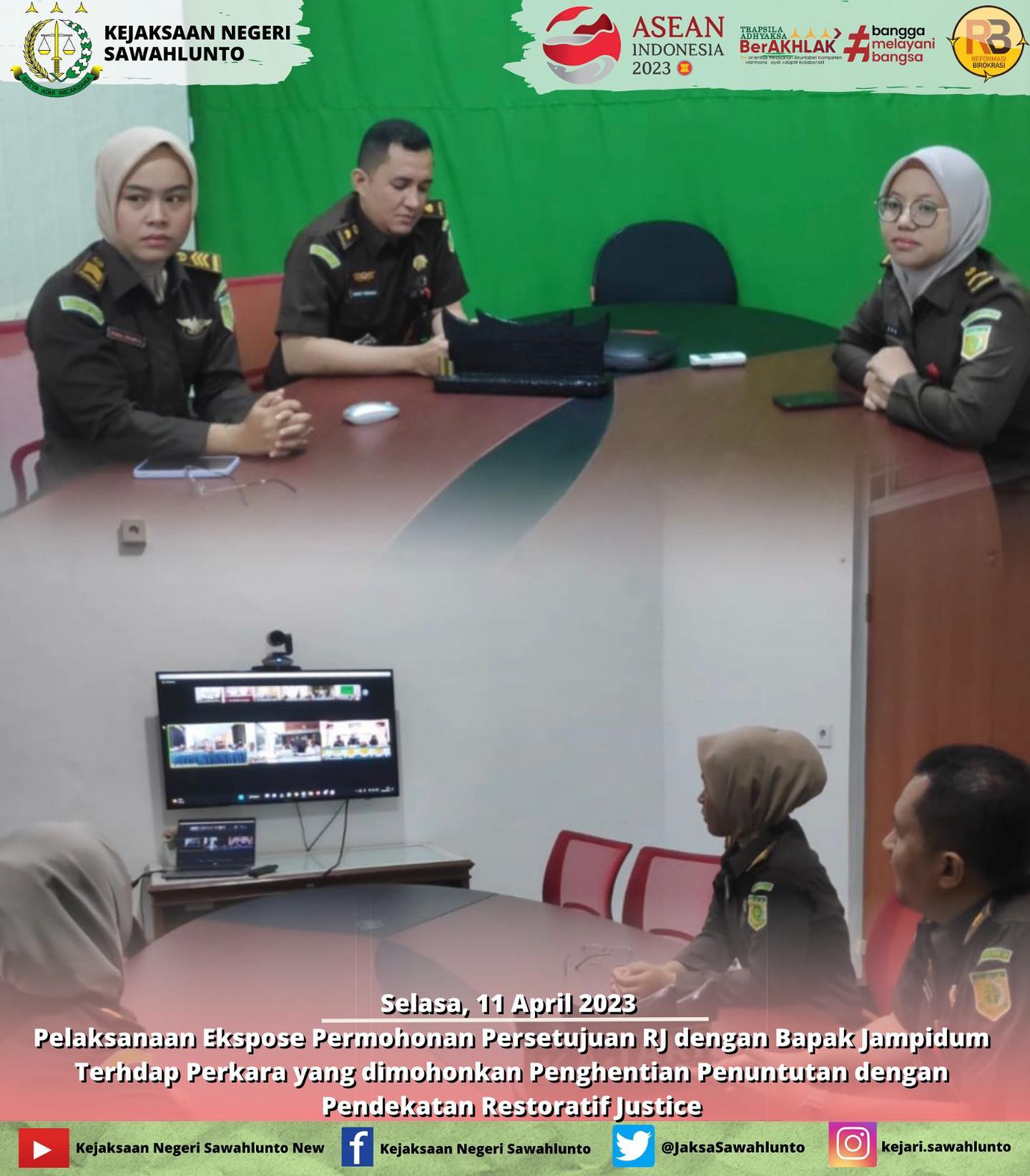 Selasa, 11 April 2023 Pelaksanaan Ekspose Permohonan Persetujuan RJ dengan Bapak Jampidum Terhdap Perkara yang dimohonkan Penghentian Penuntutan dengan Pendekatan Restoratif Justice.____Update informasi anda tentang Kejaksaan Negeri Sawahlunto terbaru di official account Instagram,Facebook dan Youtube kami !!..____FACEBOOK : Kejaksaan Negeri SawahluntoYOUTUBE : Kejakaaan Negeri Sawahlunto NewTWITTER : @JaksaSawahlunto..________#KejaksaanRI#kejatisumaterabarat@kejatisumaterabarat#kejarisawahlunto - from Instagram