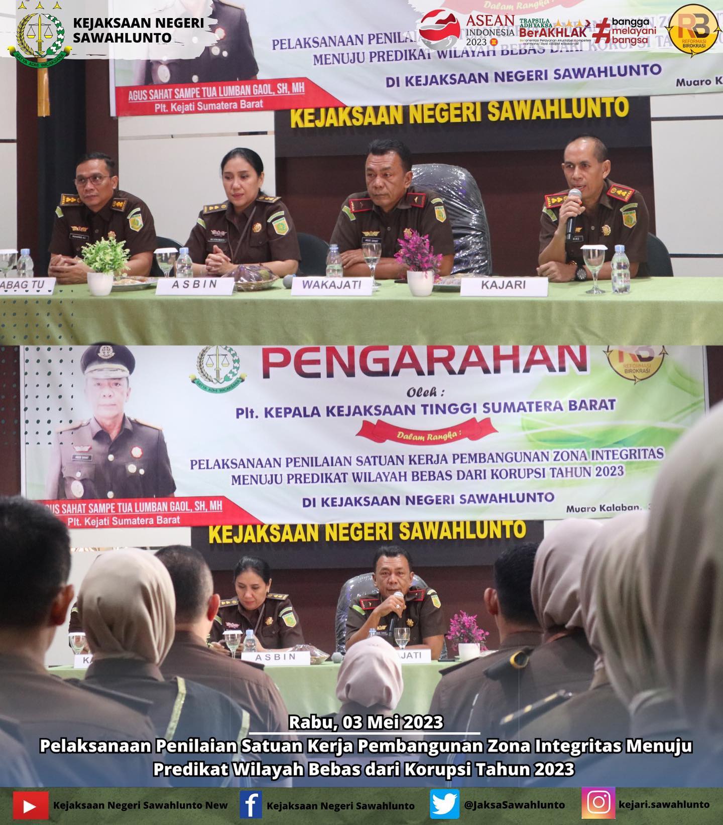 Rabu, 03 Mei 2023Kejaksaan Tinggi Sumatera Barat melaksanaan Penilaian Satuan Kerja Pembangunan Zona Integritas Menuju Predikat Wilayah Bebas dari Korupsi Tahun 2023 pada Kejaksaan Negeri Sawahlunto.Update informasi anda tentang Kejaksaan Negeri Sawahlunto terbaru di official account Instagram,Facebook dan Youtube kami !!.____FACEBOOK : Kejaksaan Negeri SawahluntoYOUTUBE : Kejakaaan Negeri Sawahlunto NewTWITTER : @JaksaSawahlunto..________#KejaksaanRI#kejatisumaterabarat@kejatisumaterabarat#kejarisawahlunto - from Instagram