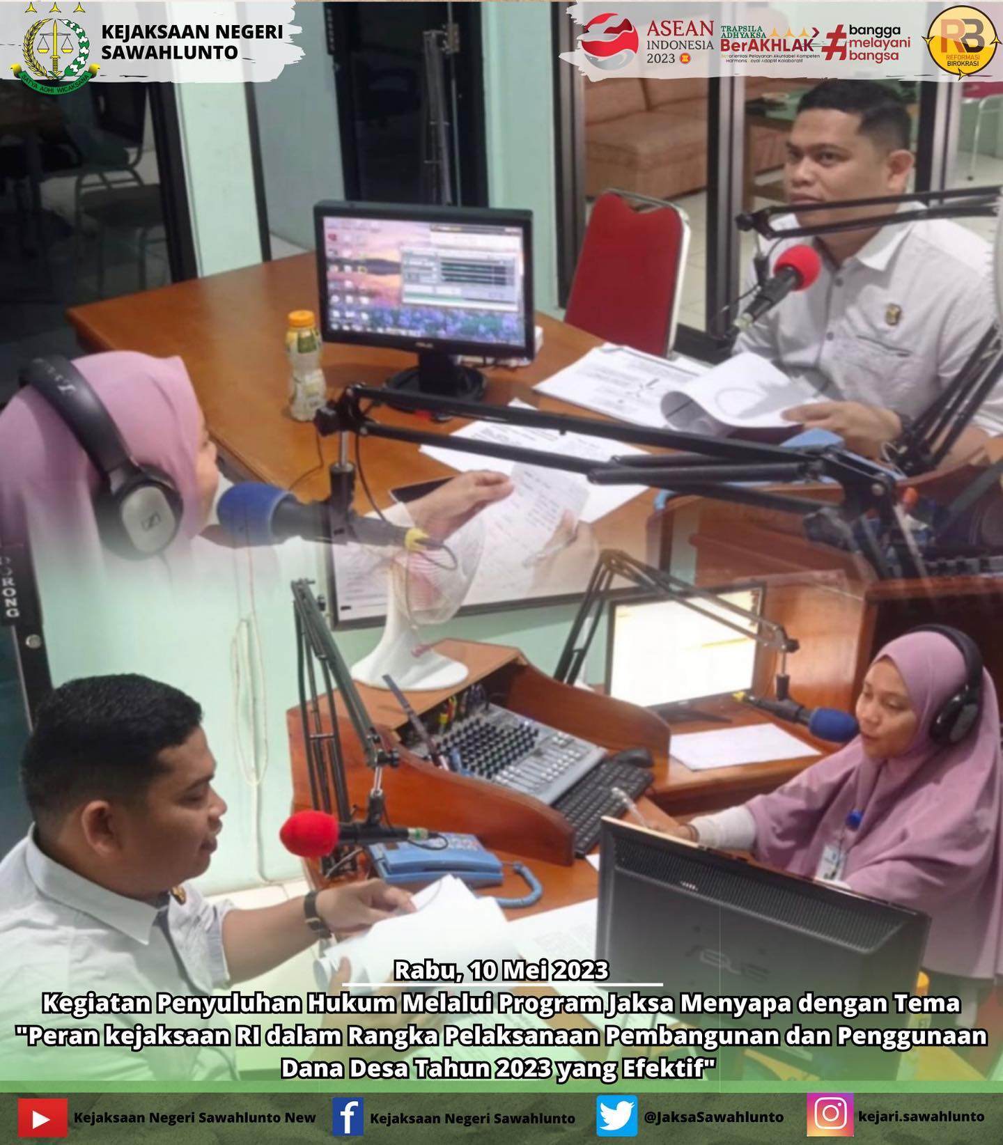 Rabu, 10 Mei 2023Kasi Datun Bapak Hendrio Suherman,S.H.,M.H melakukan Kegiatan Penyuluhan Hukum Melalui Program Jaksa Menyapa dengan Tema "Peran kejaksaan RI dalam Rangka Pelaksanaan Pembangunan dan Penggunaan Dana Desa Tahun 2023 yang Efektif" di di Radio 99,9 Sawahlunto FM.____Update informasi anda tentang Kejaksaan Negeri Sawahlunto terbaru di official account Instagram,Facebook dan Youtube kami !!..____FACEBOOK : Kejaksaan Negeri SawahluntoYOUTUBE : Kejakaaan Negeri Sawahlunto NewTWITTER : @JaksaSawahlunto..________#KejaksaanRI#kejatisumbarnew@kejatisumbarnew#kejarisawahlunto - from Instagram