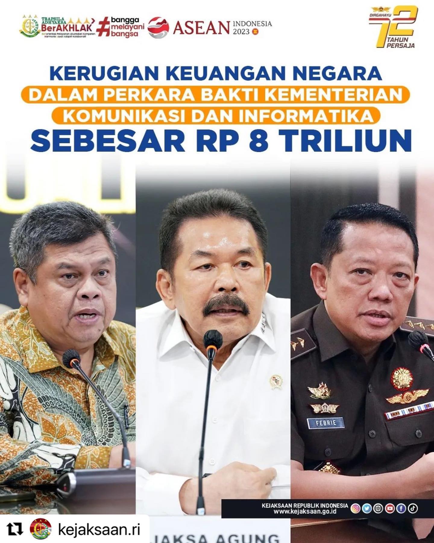 #Repost @kejaksaan.ri ・・・Senin 15 Mei 2023 bertempat di Gedung Utama Kejaksaan Agung, Jaksa Agung ST Burhanuddin, Kepala Badan Pengawasan Keuangan dan Pembangunan (BPKP) Muhammad Yusuf Ateh, dan Jaksa Agung Muda Tindak Pidana Khusus (JAM-Pidsus) Febrie Adriansyah menghadiri konferensi pers mengenai perkembangan penanganan perkara tindak pidana korupsi. Pada konferensi pers tersebut Kepala BPKP menyampaikan kerugian keuangan negara pada perkara dugaan tindak pidana korupsi dalam penyediaan infrastruktur Base Transceiver Station (BTS) 4G dan infrastruktur pendukung paket 1, 2, 3, 4, dan 5 BAKTI Kementerian Komunikasi dan Informatika Tahun 2020 s/d 2022 sebesar Rp8.032.084.133.795.Simak Berita selengkapnya di www.kejaksaan.go.id#KejaksaanRI #JaksaAgung #JaksaProfesional #JaksaBerintegritas #TrapsilaAdhyaksaBerakhlak#sapubersihkoruptor - from Instagram