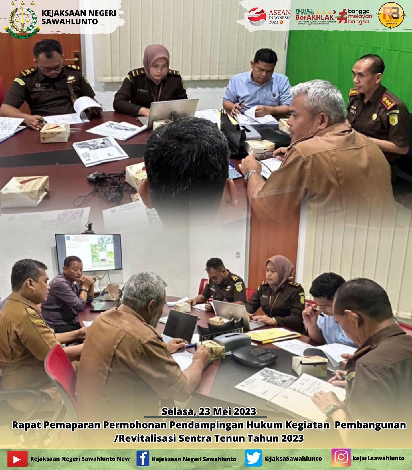Selasa, 23 Mei 2023Kepala Kejaksaan Negeri Sawahlunto Beserta Bidang Perdata dan Tata Usaha Negara Kejaksaan Negeri Sawahlunto melaksanakan Rapat Pemaparan Permohonan Pendampingan Hukum Kegiatan Pembangunan /Revitalisasi Sentra Tenun Tahun 2023 di Kantor Kejaksaan Negeri Sawahlunto.Update informasi anda tentang Kejaksaan Negeri Sawahlunto terbaru di official account Instagram,Facebook dan Youtube kami !!..____FACEBOOK : Kejaksaan Negeri SawahluntoYOUTUBE : Kejakaaan Negeri Sawahlunto NewTWITTER : @JaksaSawahlunto..________#KejaksaanRI#kejatisumaterabarat@kejatisumaterabarat#kejarisawahlunto - from Instagram