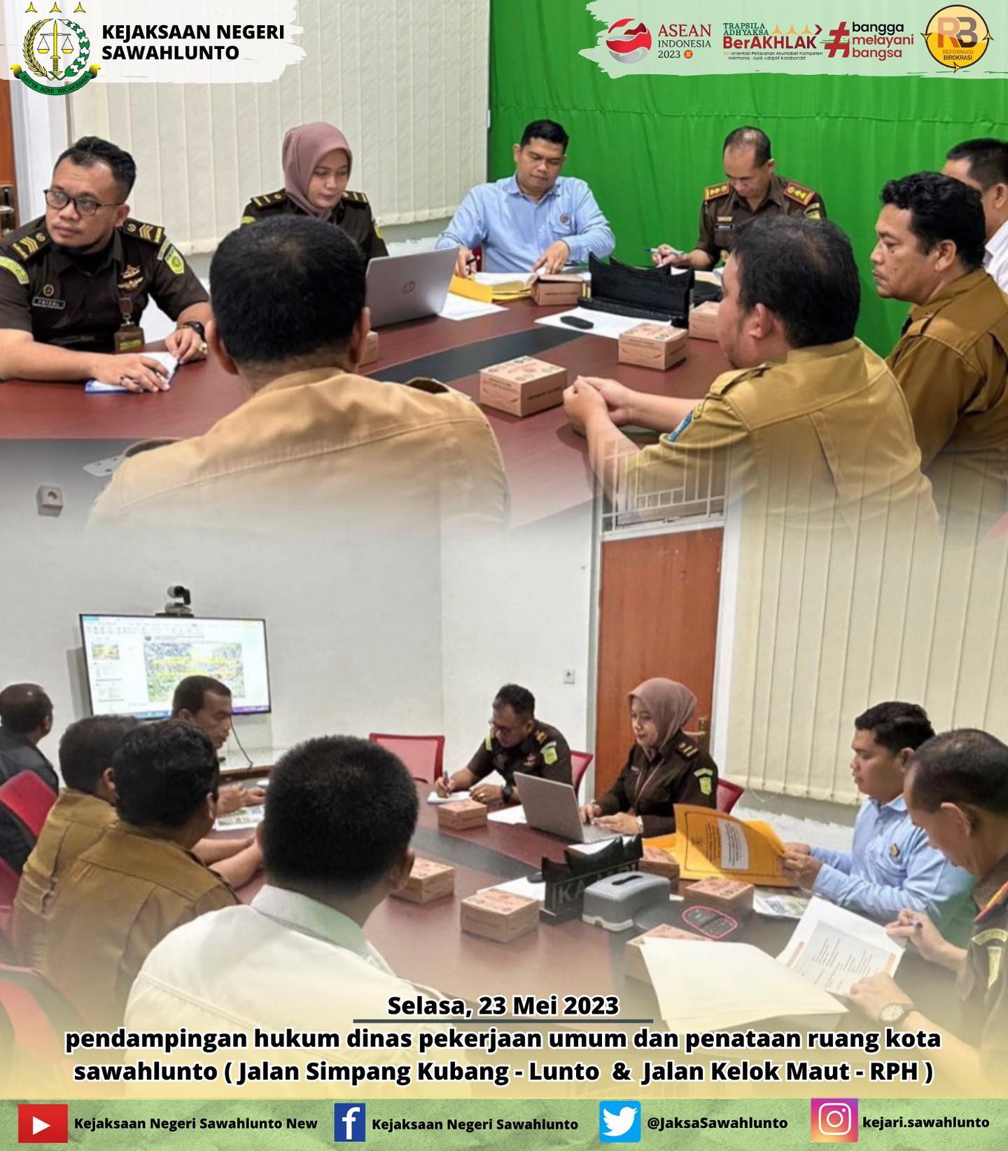 Selasa, 23 Mei 2023Kepala Kejaksaan Negeri Sawahlunto Beserta Bidang Perdata dan Tata Usaha Negara Kejaksaan Negeri Sawahlunto melakukan pendampingan hukum dinas pekerjaan umum dan penataan ruang kota sawahlunto ( Jalan Simpang Kubang - Lunto & Jalan Kelok Maut - RPH ) di Kantor Kejaksaan Negeri Sawahlunto.Update informasi anda tentang Kejaksaan Negeri Sawahlunto terbaru di official account Instagram,Facebook dan Youtube kami !!..____FACEBOOK : Kejaksaan Negeri SawahluntoYOUTUBE : Kejakaaan Negeri Sawahlunto NewTWITTER : @JaksaSawahlunto..________#KejaksaanRI#kejatisumaterabarat@kejatisumaterabarat#kejarisawahlunto - from Instagram