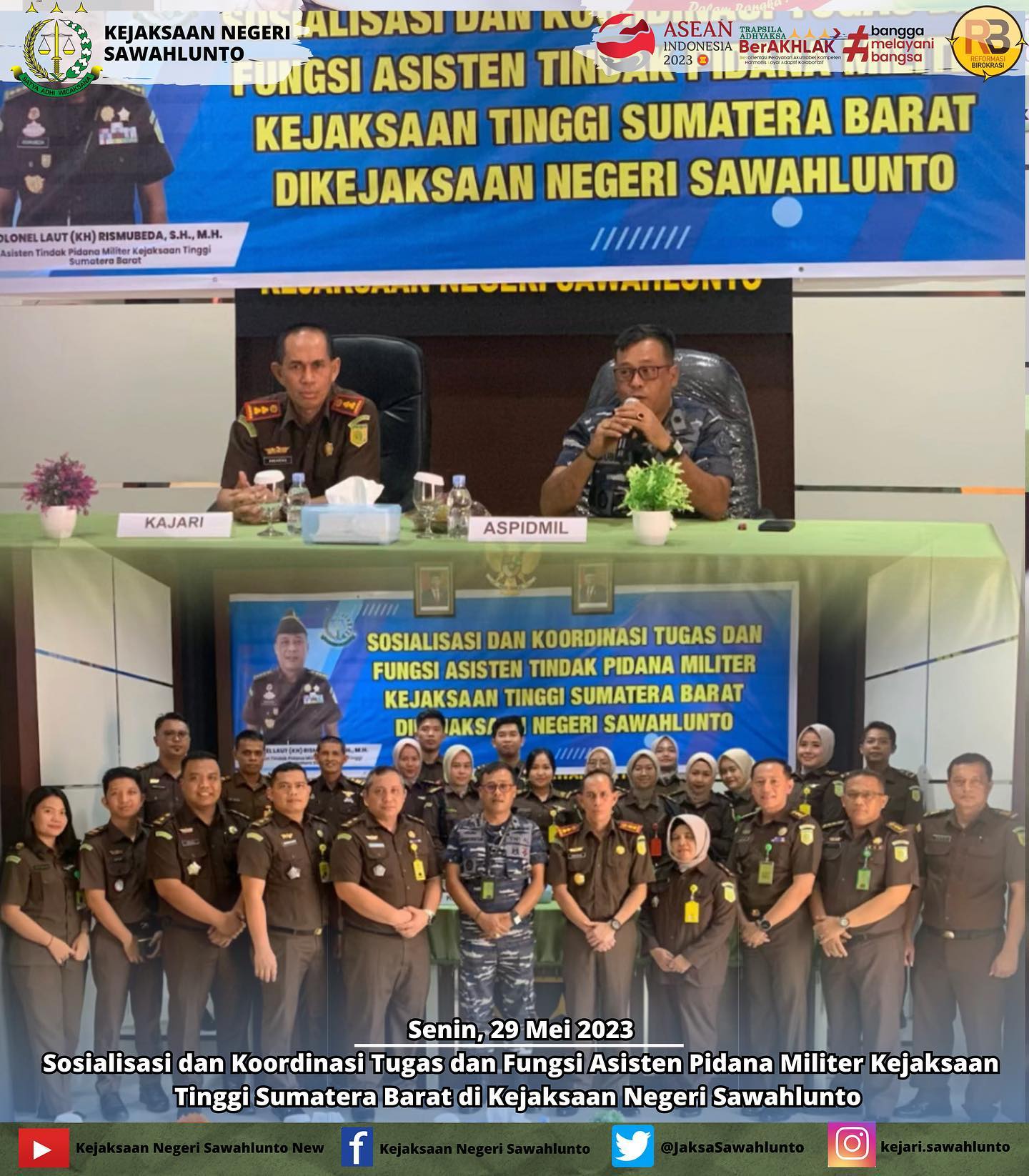 Senin, 29 Mei 2023Sosialisasi dan Koordinasi Tugas dan Fungsi Asisten Pidana Militer Kejaksaan Tinggi Sumatera Barat di Kejaksaan Negeri Sawahlunto.Update informasi anda tentang Kejaksaan Negeri Sawahlunto terbaru di official account Instagram,Facebook dan Youtube kami !!.____FACEBOOK : Kejaksaan Negeri SawahluntoYOUTUBE : Kejakaaan Negeri Sawahlunto NewTWITTER : @JaksaSawahlunto..________#KejaksaanRI#kejatisumaterabarat@kejatisumaterabarat#kejarisawahlunto - from Instagram