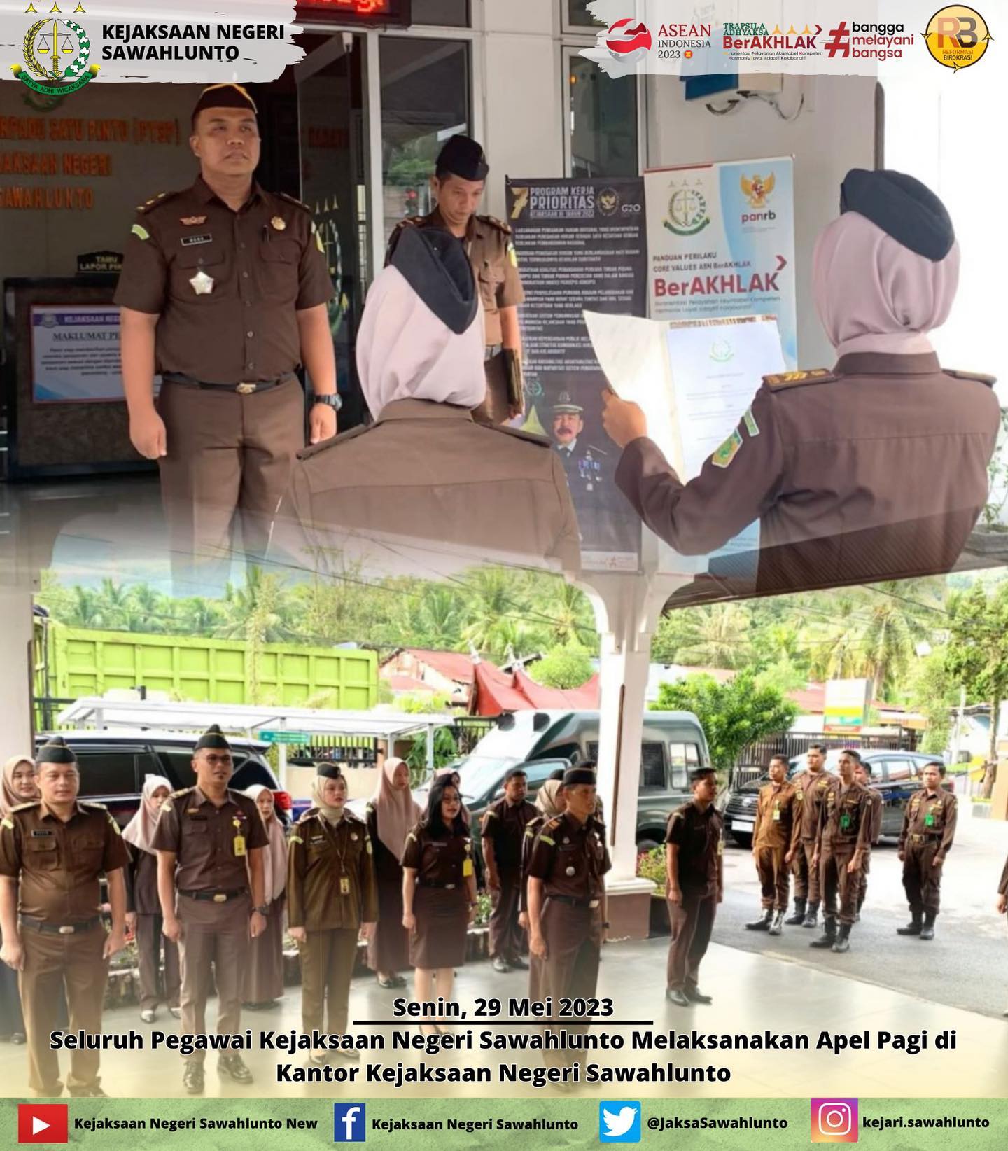 Senin, 29 Mei 2023Seluruh Pegawai Kejaksaan Negeri Sawahlunto Melaksanakan Apel Pagi di Kantor Kejaksaan Negeri Sawahlunto____Update informasi anda tentang Kejaksaan Negeri Sawahlunto terbaru di official account Instagram,Facebook dan Youtube kami !!..____FACEBOOK : Kejaksaan Negeri SawahluntoYOUTUBE : Kejakaaan Negeri Sawahlunto NewTWITTER : @JaksaSawahlunto..________#KejaksaanRI#kejatisumaterabarat@kejatisumaterabarat#kejarisawahlunto - from Instagram